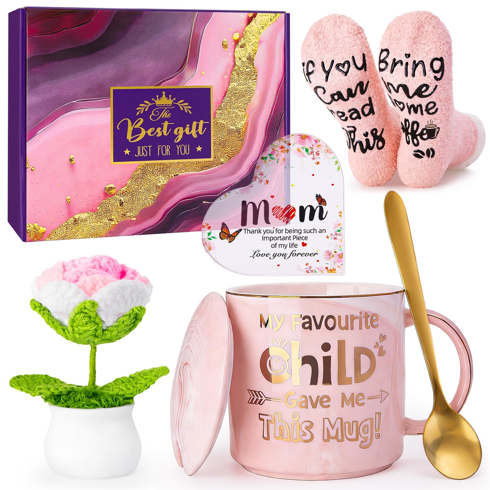 Doublewhale Gifts for Mum from Daughter Son Funny 10oz Coffee Mug Acrylic Plaque Crochet Flowers Fluffy Socks Gift Set Mums Gifts for Birthday Mothers Day Mama Mummy Mother in Law Bonus Step Mum — image 1