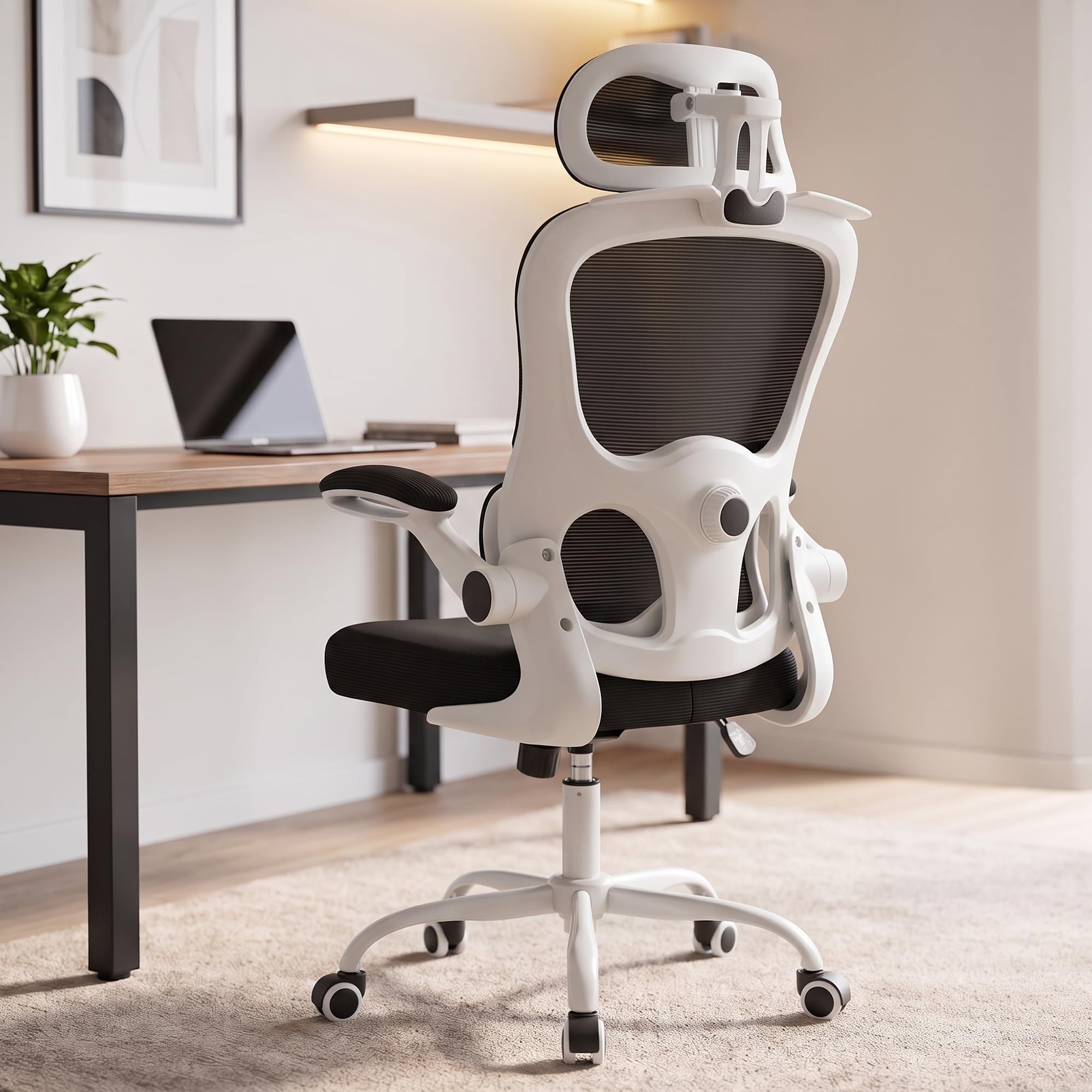 DROGO Aerofly Premium Ergonomic Office Chair for Work from Home, 2D Headrest, High Back Computer Chair with Mesh, Flip-up Armrest, Recline,Adjustable Lumbar Support, Mesh Chair for Office(White/Black)-image-0