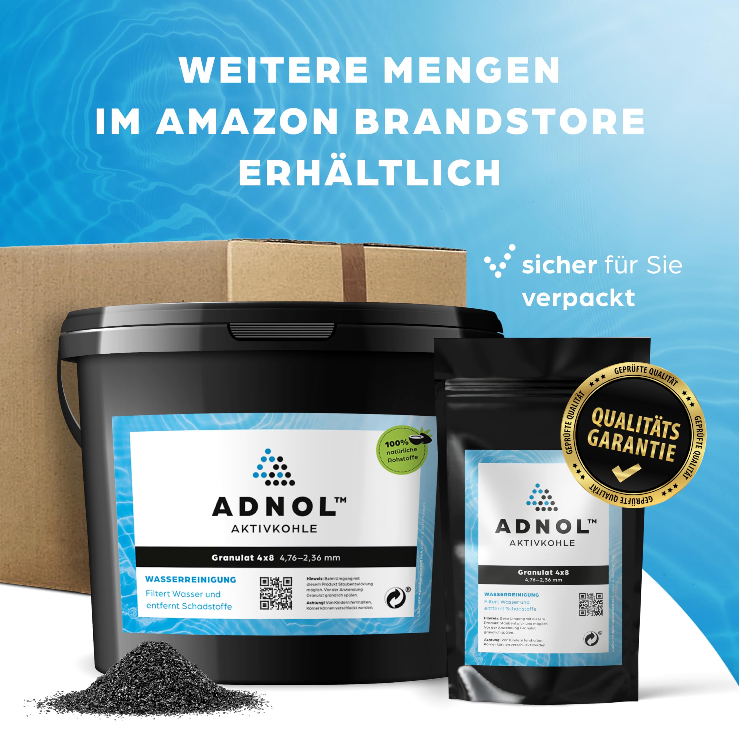 Aktivkohle Granulat 5 Liter aus Kokosnussschalen für Wasserfilter für Aquarium und Teich, Mesh 4x8, Körnung 4,76-2,36mm, Energieklasse A, als Carbon Filter verwendbar
