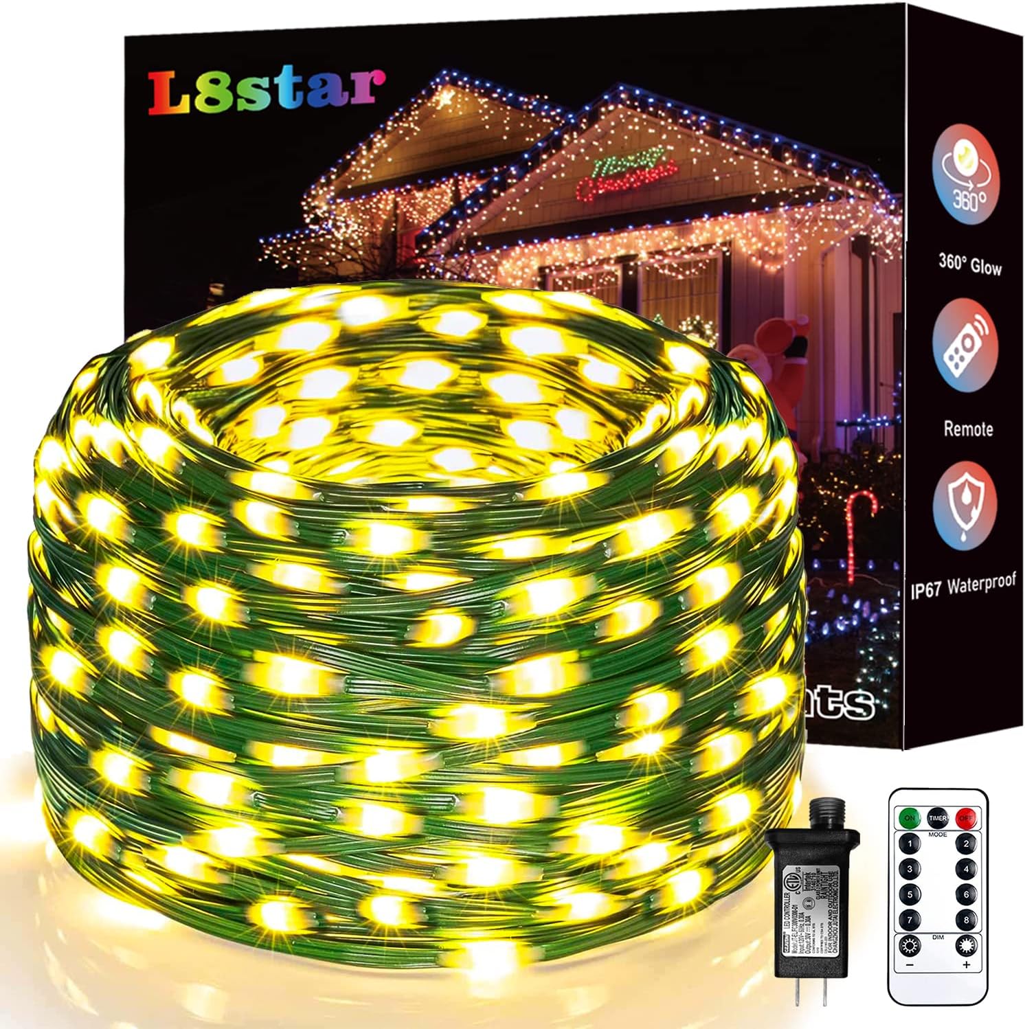 L8star LED Christmas Lights Outdoor, Ultra Long Led String Rope Lights Outdoor IP67 Waterproof with Remote and Timer, Led Christmas Tree Lights for Home Indoor Festival Decoration (Warm White, 410FT)