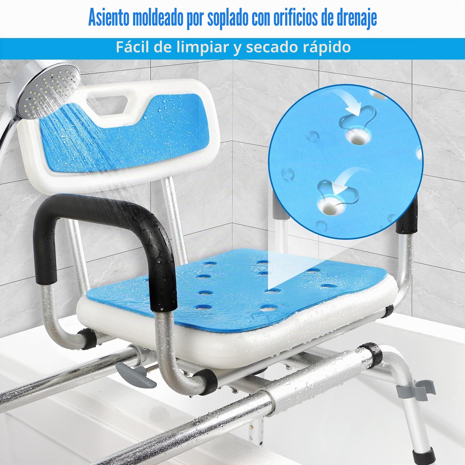 Taburete de ducha giratorio y deslizante 360° para personas mayores, taburete de ducha y banco de transferencia de bañera con asiento giratorio y función deslizante, altura ajustable, reposabrazos