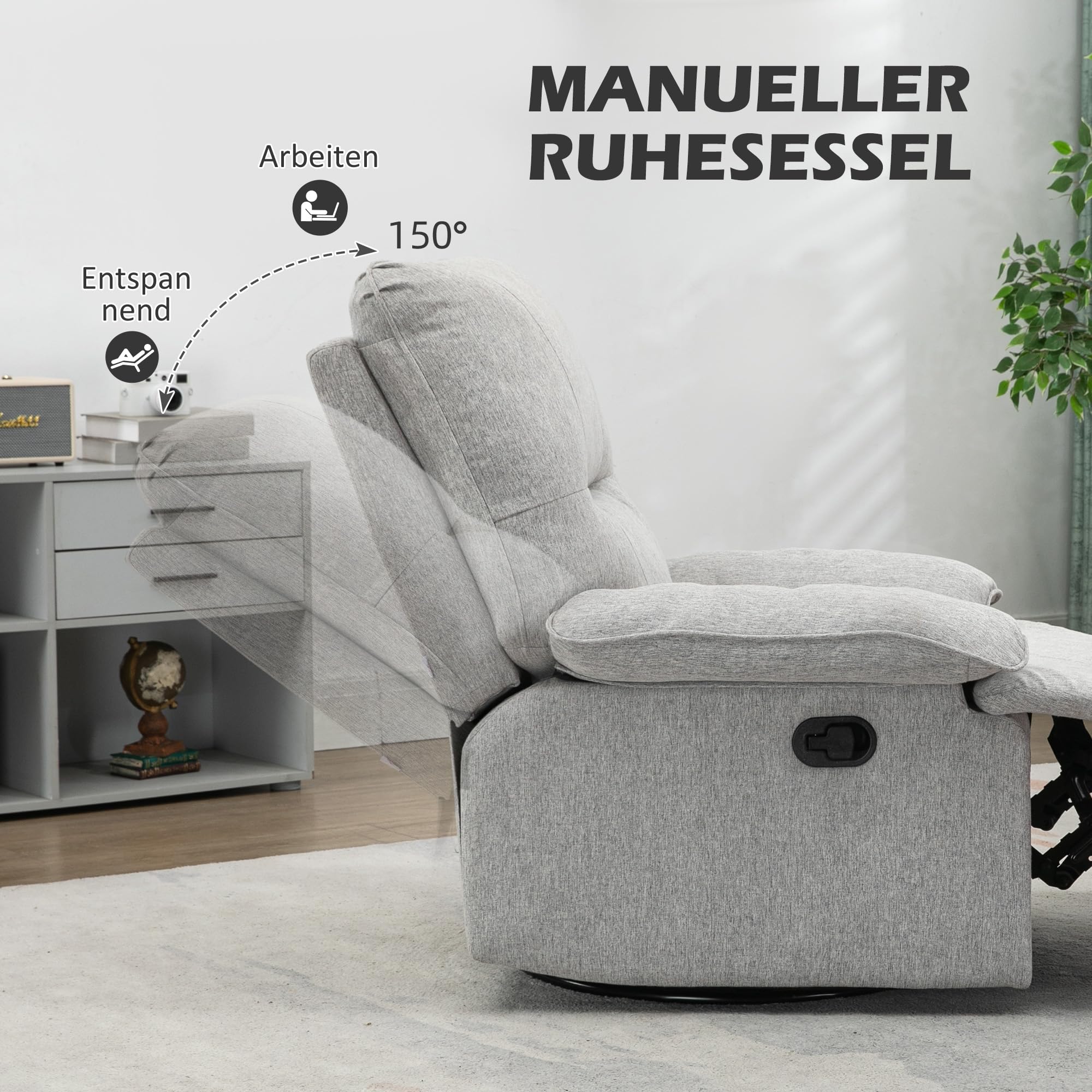 HOMCOM Relaxsessel Fernsehsessel mit Liegefunktion, Leinenoptik, Drehbar TV-Sessel mit Federkernsystem, Fußstütze, für Wohnzimmer, Schlafzimmer, bis 160 kg belastbar, Hellgrau