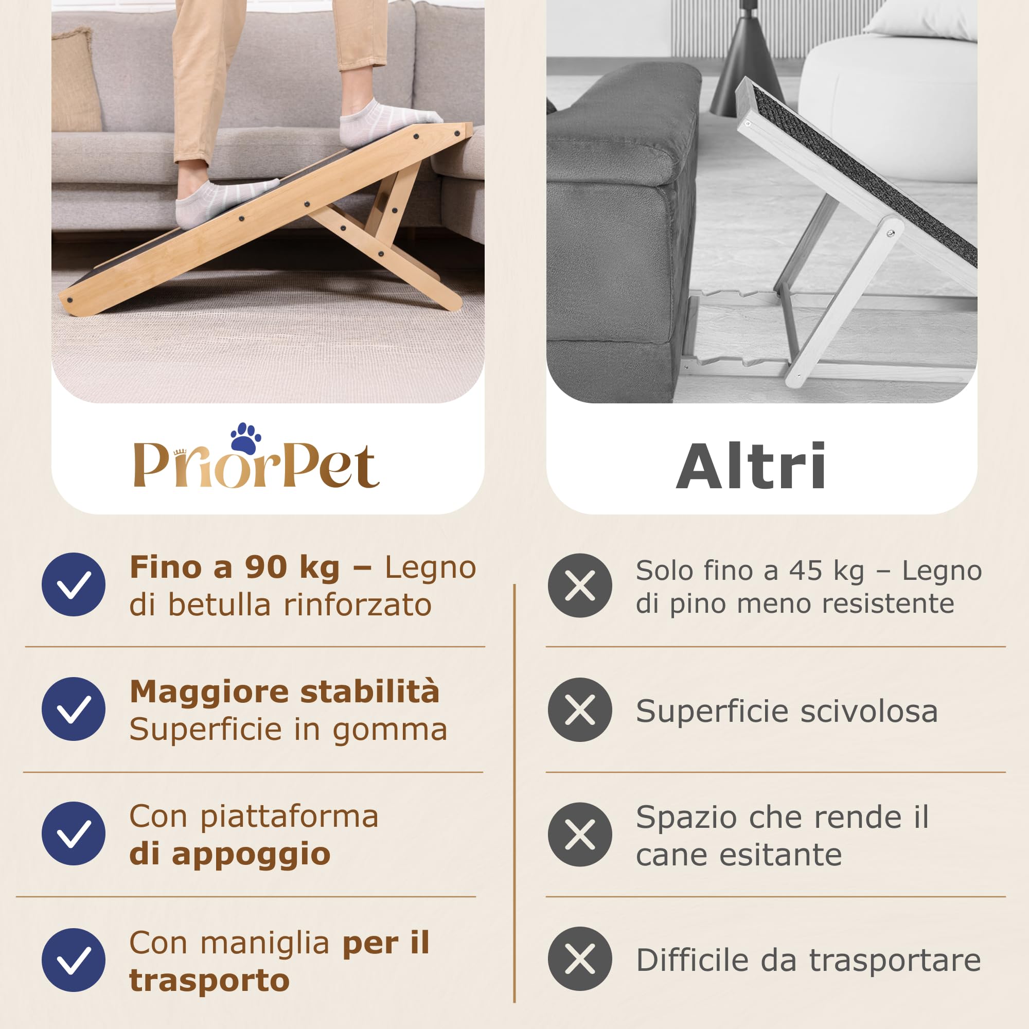 Rampa per Cani Piccoli o Grandi - Regolabile 18-53 cm - Per Letto e Divano - Legno di Betulla - La Piattaforma Si Collega Perfettamente - Rampa Pieghevole - Naturale
