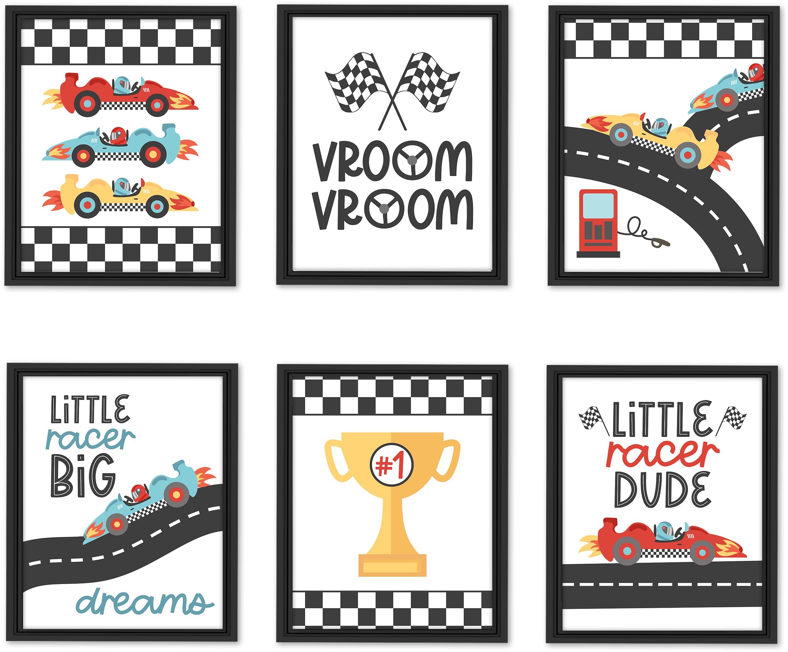 6 Reversible Unframed Wall Art for Kids Nursery Bedroom 8x10 Décor | Race Cars Pictures for Toddlers Bedroom, Cars Art Nursery Decor for Wall, Boys Room Decorations, Wall Art for Home
