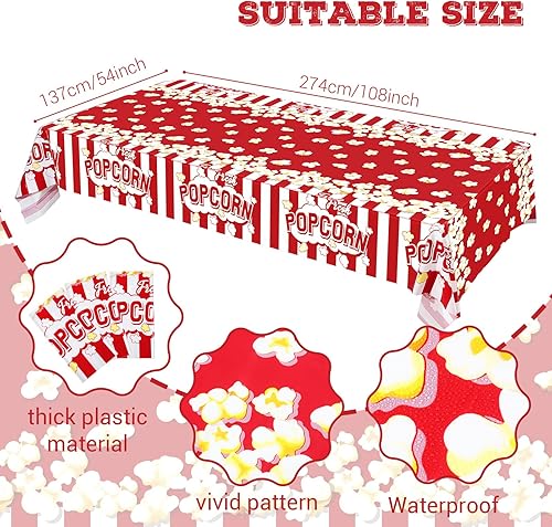 Miniatura 3 de Breling Mantel de palomitas de maíz, 3 piezas, 54 x 108 pulgadas, cubierta de plástico para mesa de palomitas de maíz, decoración de fiesta,