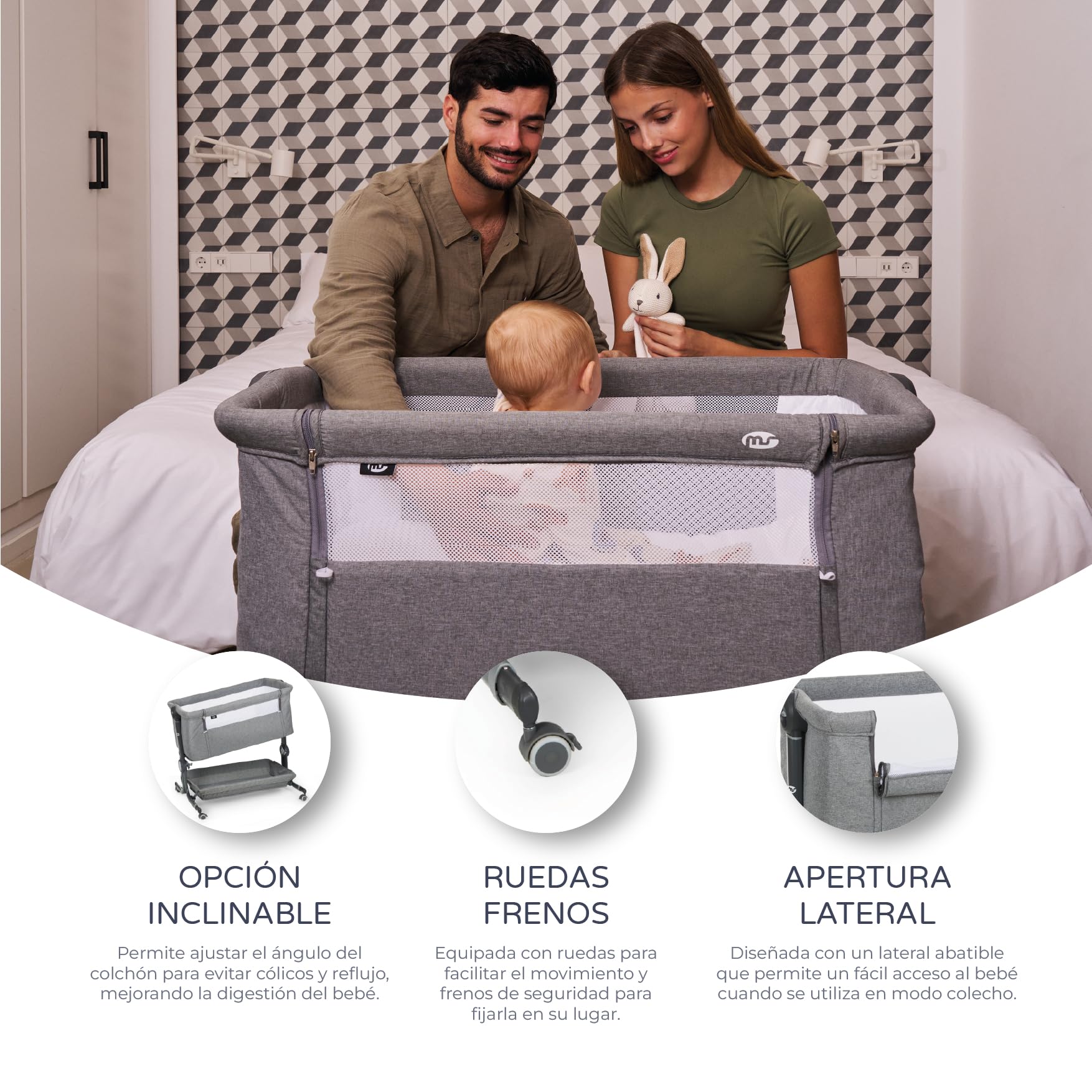 ms BabyWorld – Minicuna Colecho Comfy – Regulable multialturas y reclinable | Colchón Incluido | Mosquitera de Serie | Seguridad y Confort para bebé