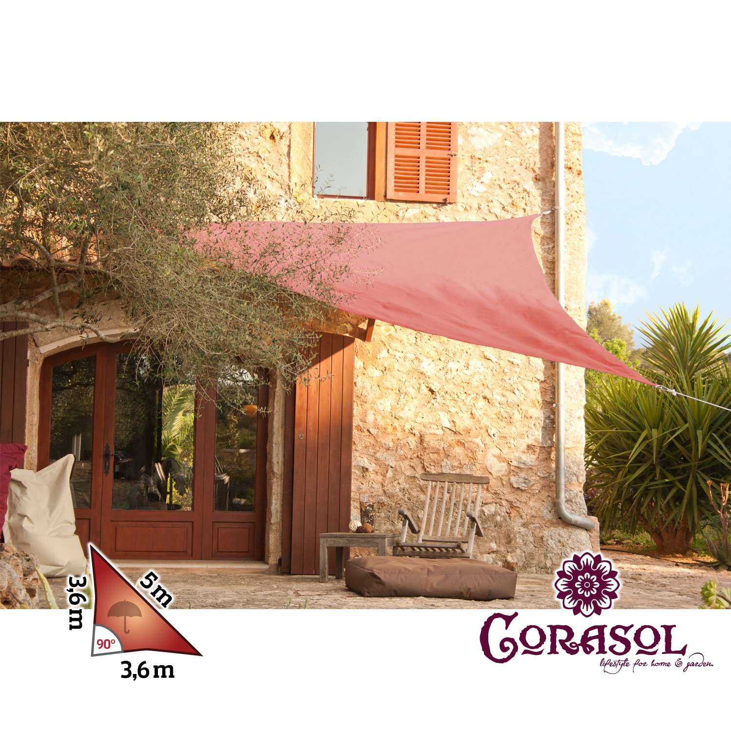 Corasol COR11RA36-RR Premium Sonnensegel 3,6 x 3,6 x 5 m, 90 Grad Dreieck, wasserabweisend, rostrot
