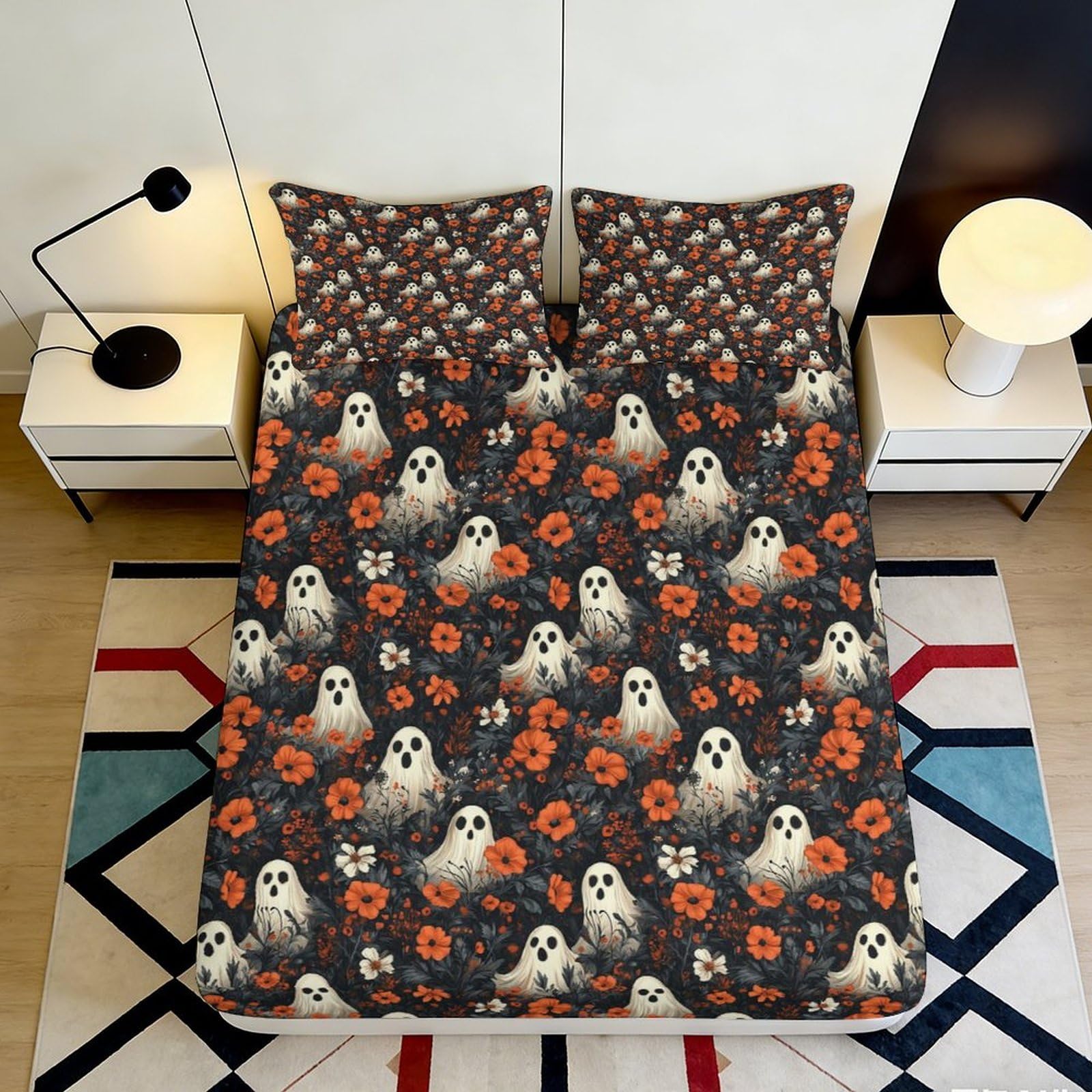 3D Printed Halloween Ghost Pumpkin Fitted Sheet Microfiber Soft Bed Sheet for Bedroom Dorm Mattress Decor 90x200x25cm