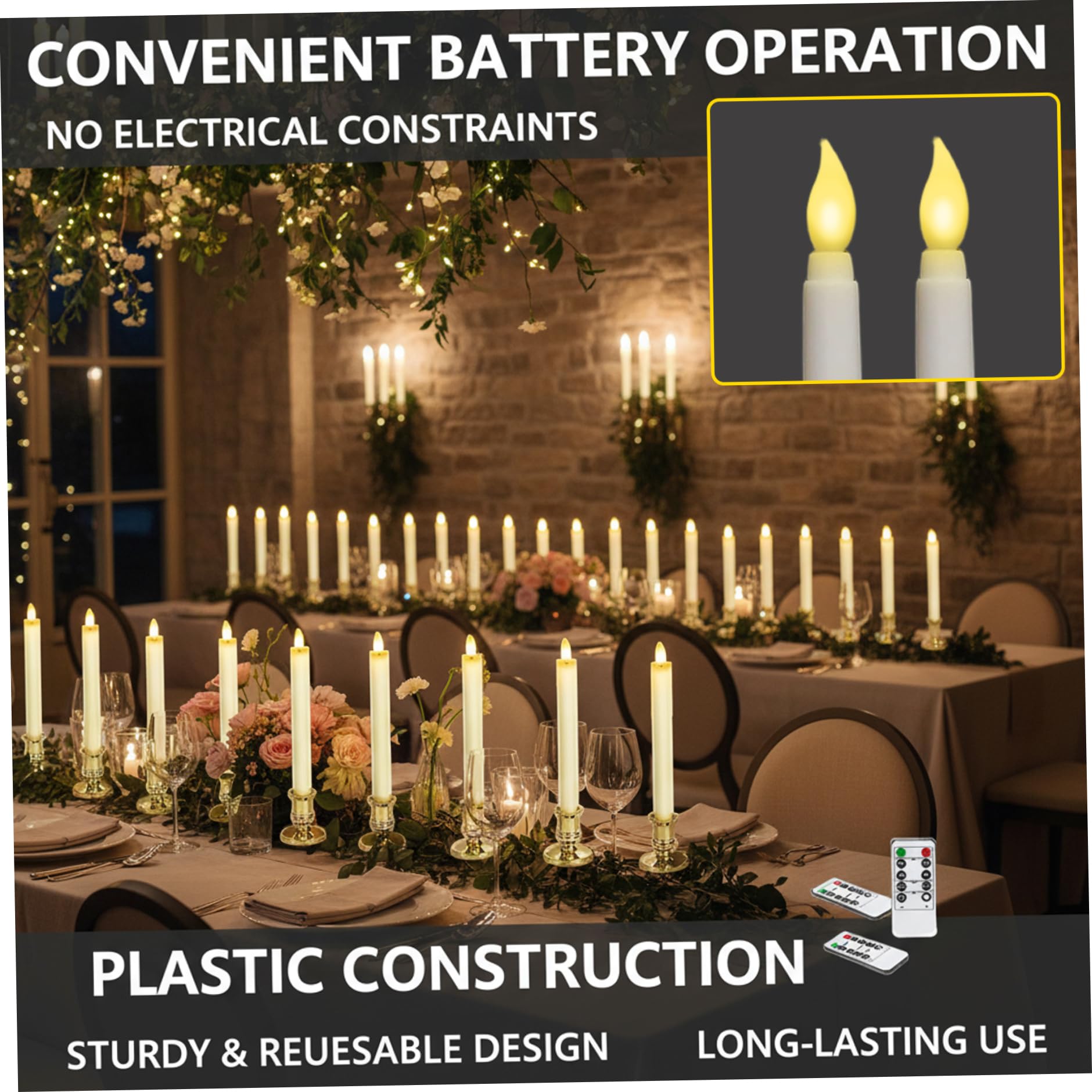 Candele LED coniche da 20 pezzi bianche da 9, 9 pollici, candele senza fiamma con effetto fiamma tremolante, candelieri elettronici a batteria per decorazioni nuziali elettroniche decorative coniche L