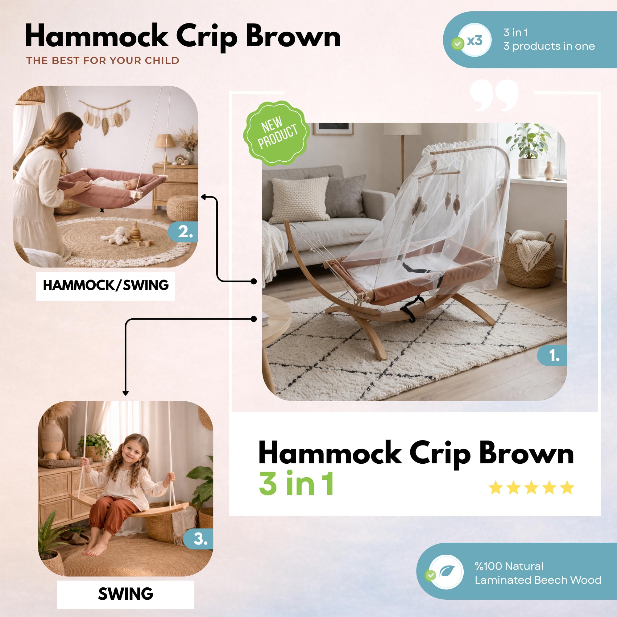 Hamac pour enfant en bois 66×150 cm chaise longue ergonomique 3–5 ans beige