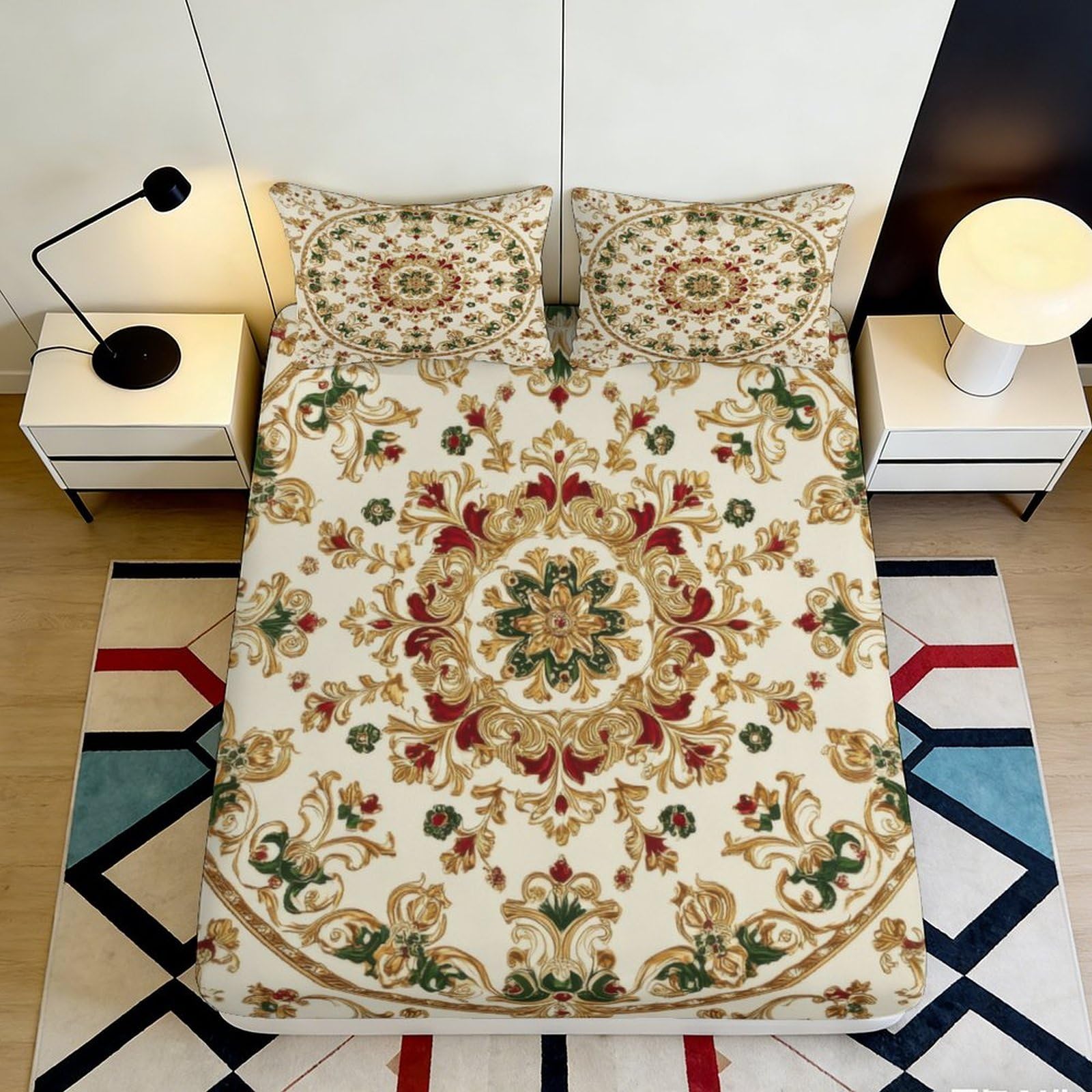 3D Printed Floral Medallion Fitted Sheet Microfiber Soft Breathable Baroque Pattern Bed Cover for Bedroom Guest Room Mattress Protection Decor 90x200x25cm