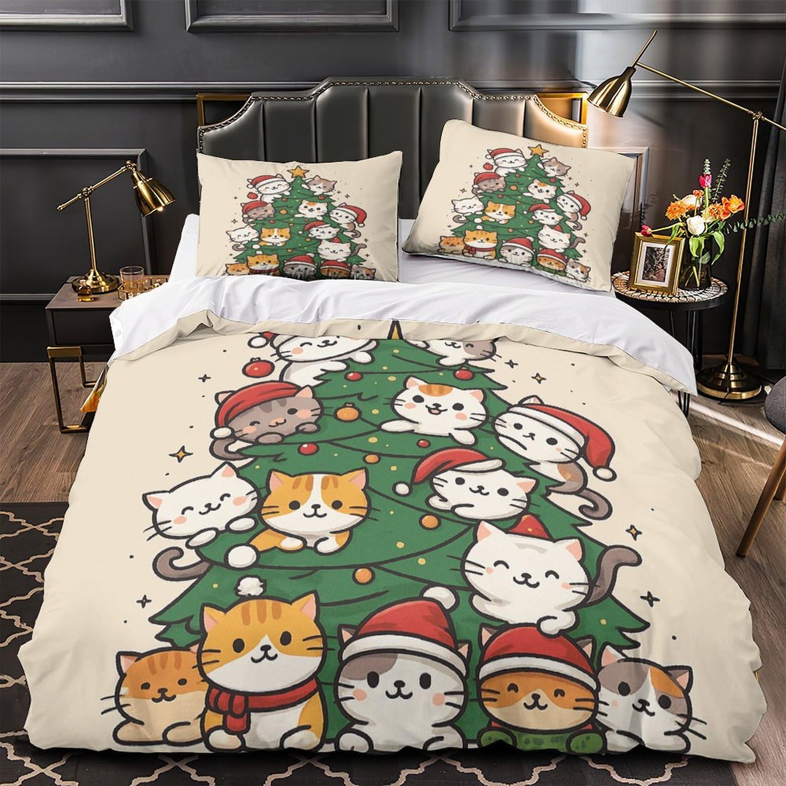 MMDASBVPE Christmas Cats Quilt Cover 3D Design Printed Super Soft 3 Pcs Bedding Set Zipper kawaii Cartoon Comforter Cover Ultra Soft Hypoallergenic for Kids Adults Women Teens Youth Single（135x200cm）
