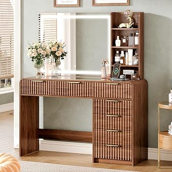 47Makeup Vanity Desk with Mirror and Lights, Vanity Desk with 7 Drawers & Storage Shelves, Vanity Table with Power Outlet, 3 Color Modes & Adjustable Brightness Dressing Table, Bedroom,Brown