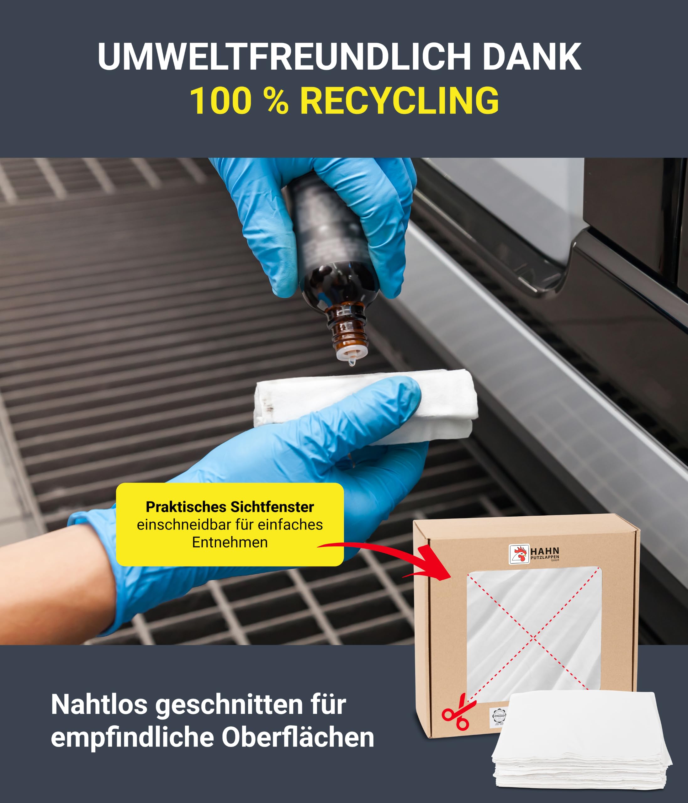Hahn Putzlappen® Baumwolle Weiß [4x110 Stück] – Nahtlos zugeschnitten 30x30 cm – Dünn, saugstark & langlebig für Werkstatt, Elektronik, Haushalt & Autopflege – Leicht entnehmbar – 100% Recycling