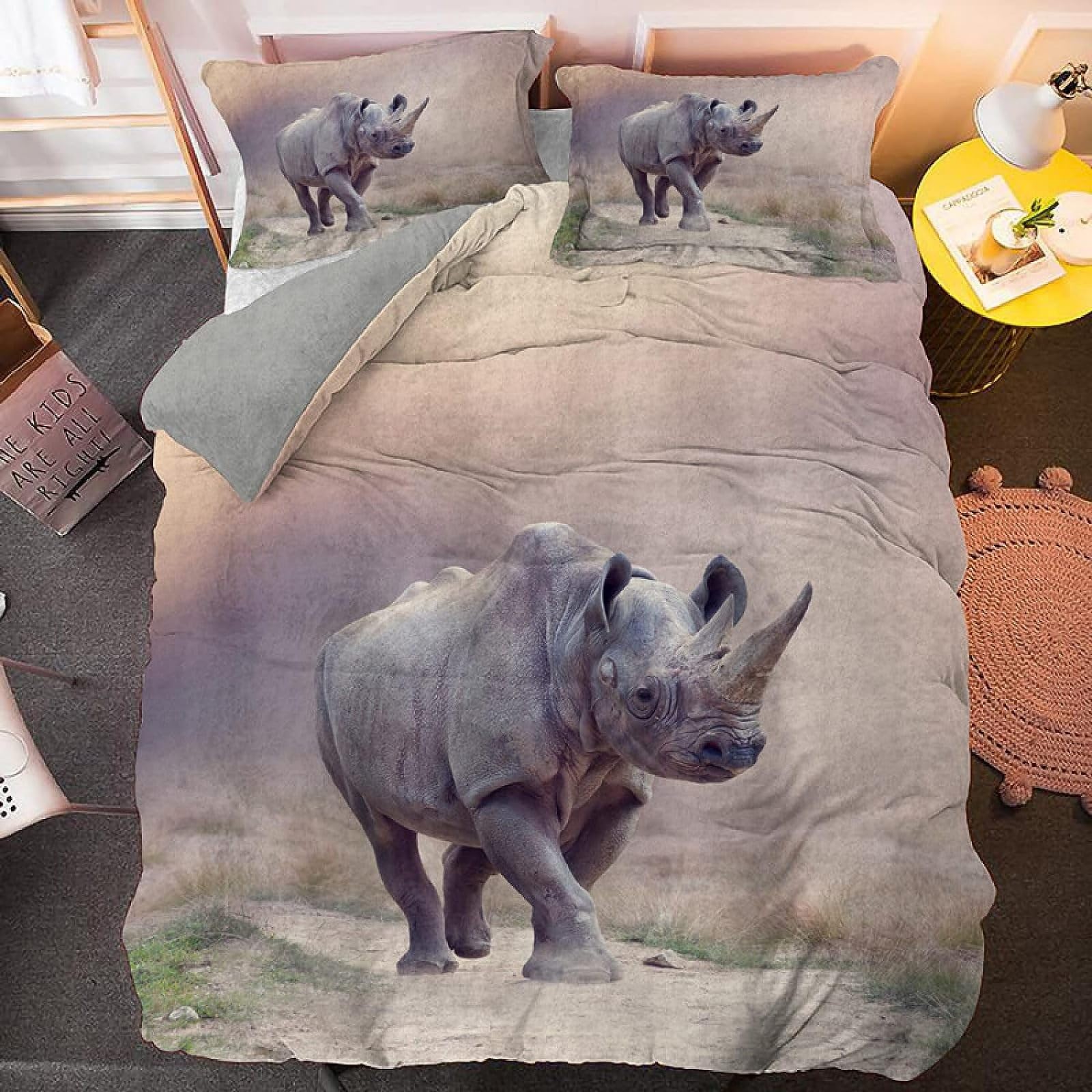 ENFETE Rhino King Size Duvet Cover Sets, 3D Print Animal Duvet Covers Rhino Bedding Soft Microfibre Quilt Cover with Pillowcases and Zipper
