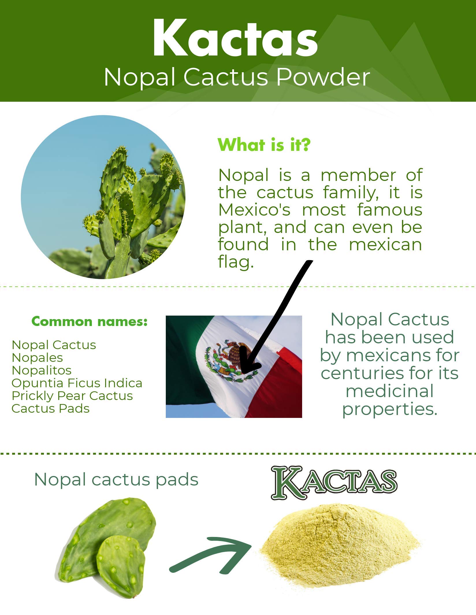 Kactas Nopal Cactus 100 Natural Prickly Pear Powder Fiber Supplement. Aids Hangover Prevention
