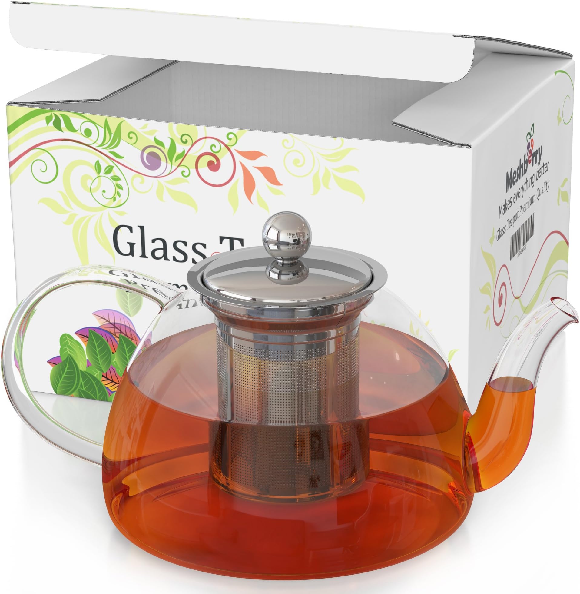 Glass Teapot & Kettle - Tea Pot Strainer and Infuser for Loose Leaf & Blooming & Flowering & Iced & Herbal Tea - Stovetop Safe Tea Maker - Gift Box - 80 oz / 1500 ml - holds 5 Cups