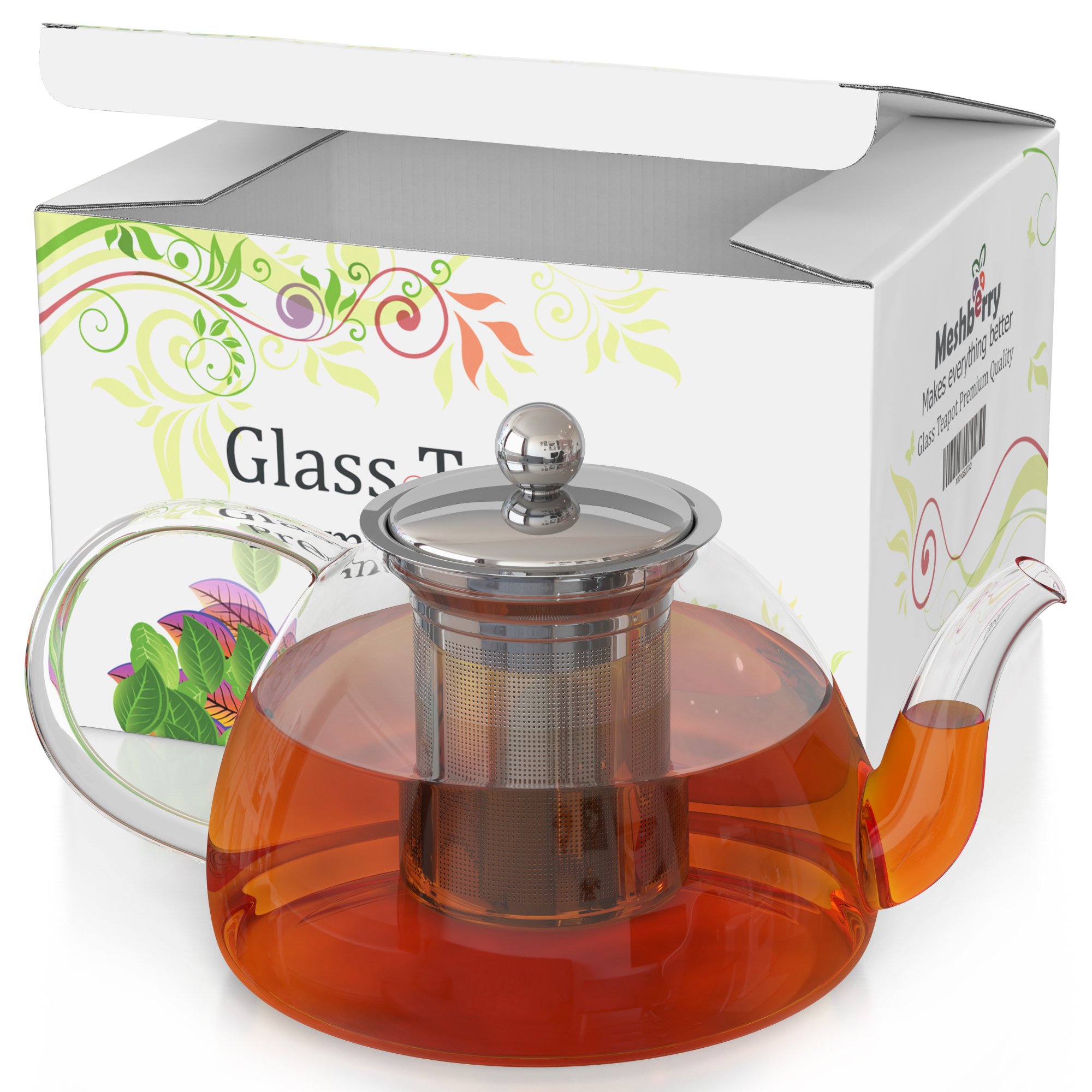 Glass Teapot & Kettle - Tea Pot Strainer and Infuser for Loose Leaf & Blooming & Flowering & Iced & Herbal Tea - Stovetop Safe Tea Maker - Gift Box - 80 oz / 1500 ml - holds 5 Cups