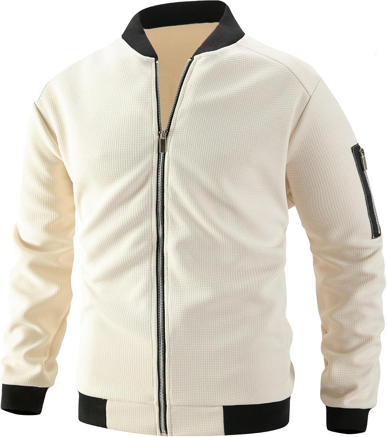 Men Solid Color Waffle Cardigan Jacket Stand Collar Pocket Thickened Zipper Jacket Classic Ribbed Cuff Cotton Coat