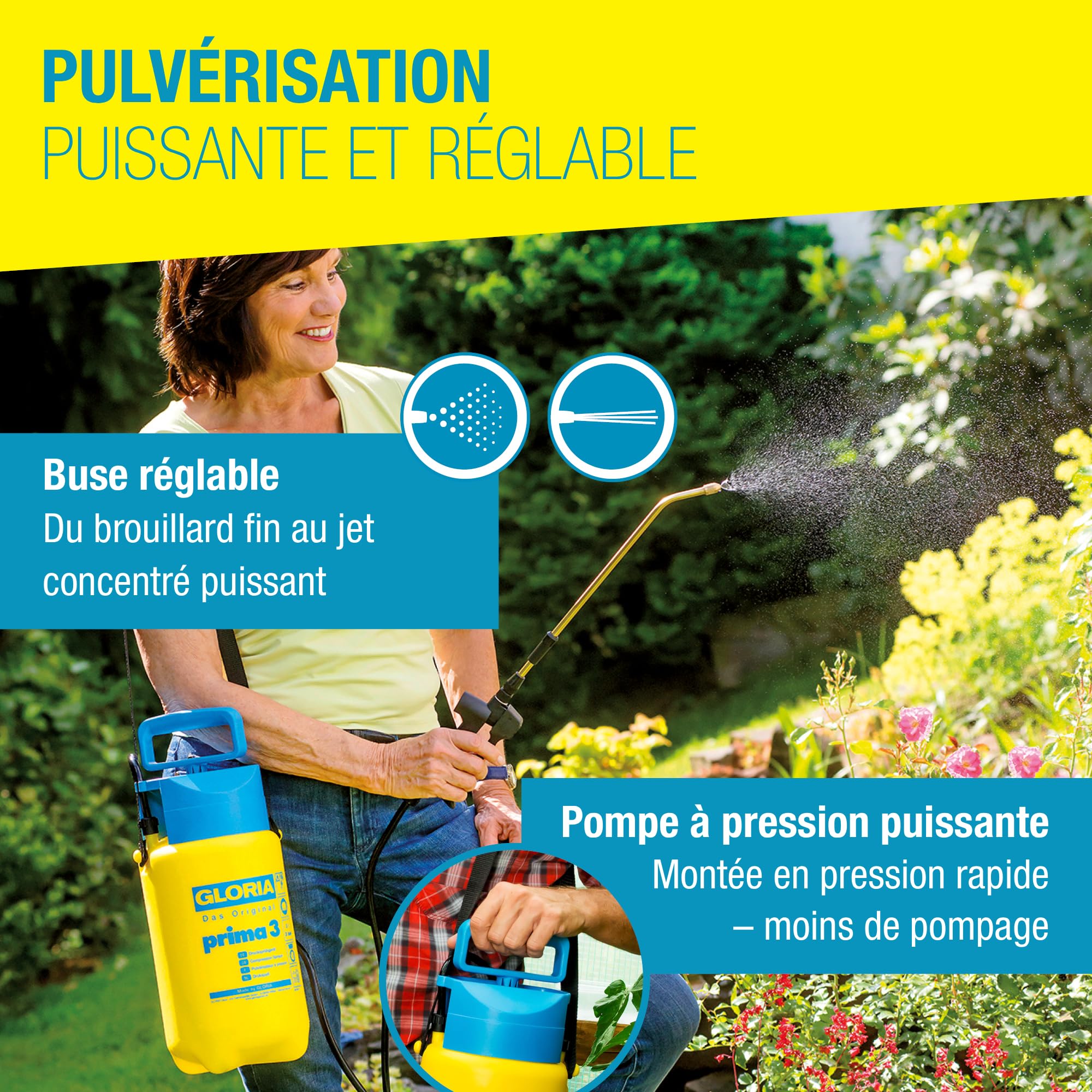 GLORIA Pulvérisateur de Jardin Prima 3 | Pulvérisateur à Pression 3L Compact et léger | Buse en Laiton réglable pour Soin des Plantes & désherbage sur Balcon et Petits Jardins