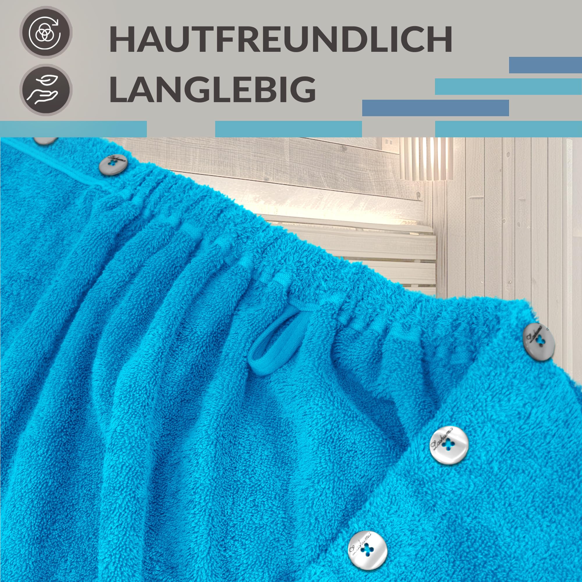Lashuma Saunakilt Damen 75x150 cm | Lugano Saunahandtuch mit Knöpfen | Premium Saunatuch Blau - Aquamarin | Flauschig & Weich