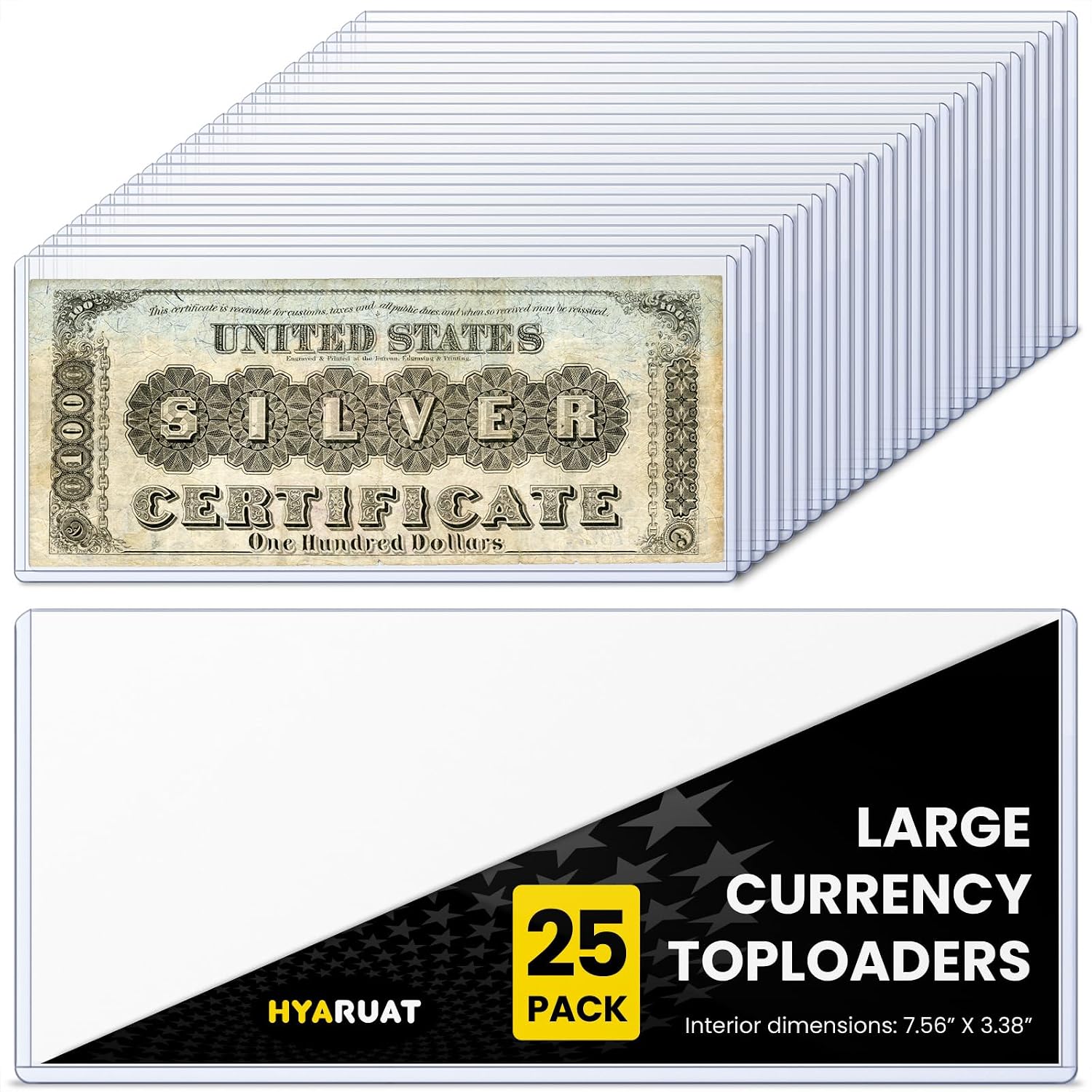 25 Pack Large Currency Toploader, 7 x 3 Money Sleeves Holders