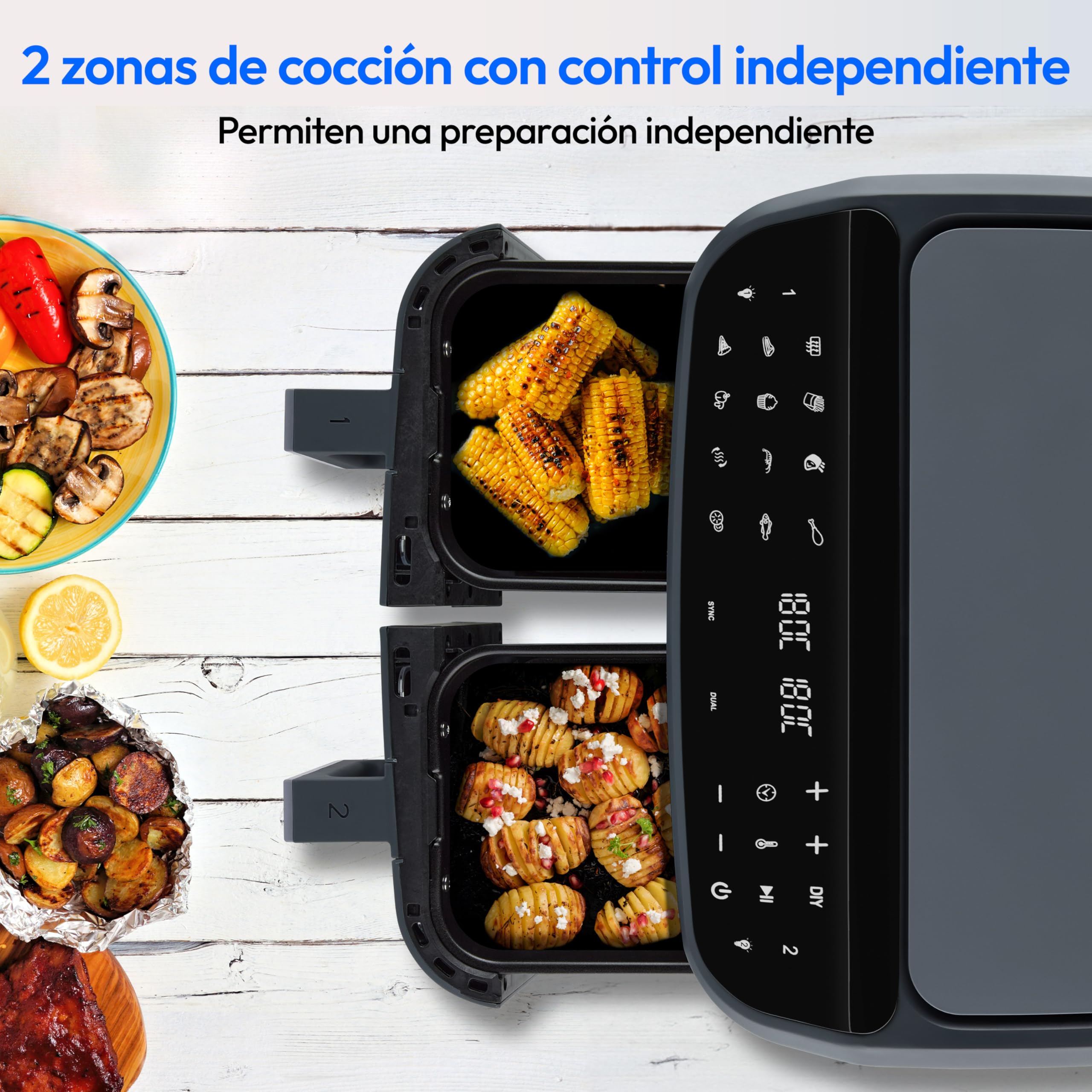 MEDION P20 XXL Freidora de Aire Doble Cesta MD11760 Gris Mate | 8,7 L, 2600 W, 10 Programas, 2 Cajones, Ventana, Air Fryer Dual XXL