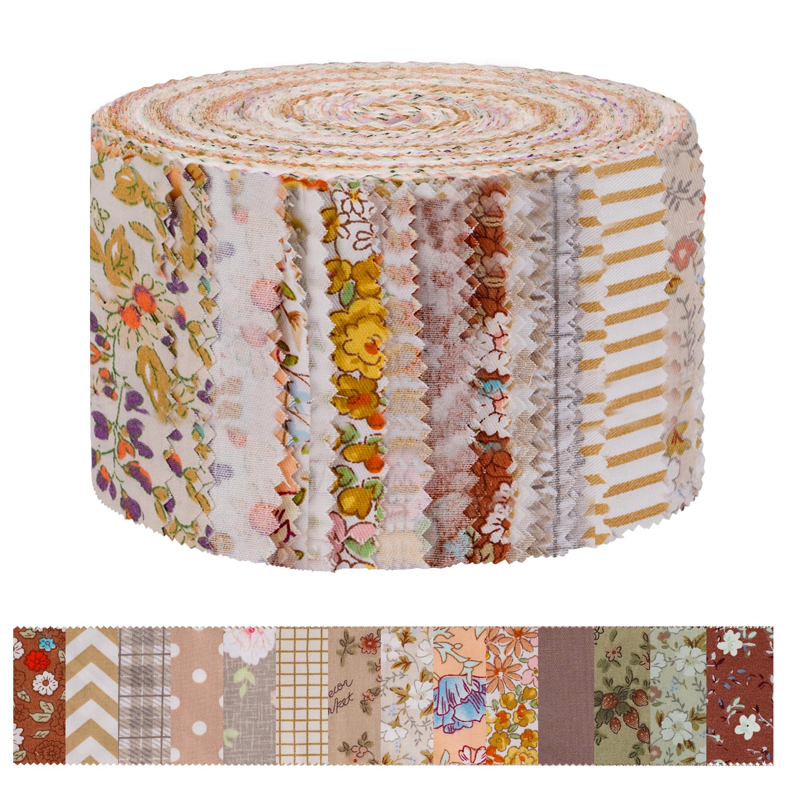 AOOSA Jelly Roll Fabric Strips for Quilting, 42 Strip Cotton Quilting Fabric 2.5 x 44 Inch, Precut Bundle Roll with 14 Assorted Floral Prints, Fabric Jelly Rolls for Sewing, Blanket, DIY Crafts, Brown