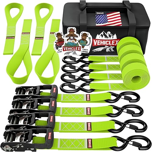 Miniatura 7 de Vehiclex Correa de trinquete para motocicleta y deportes de motor - Kit de 1.5 pulgadas x 8 pies - (4 unidades verde) correas resistentes y bucles