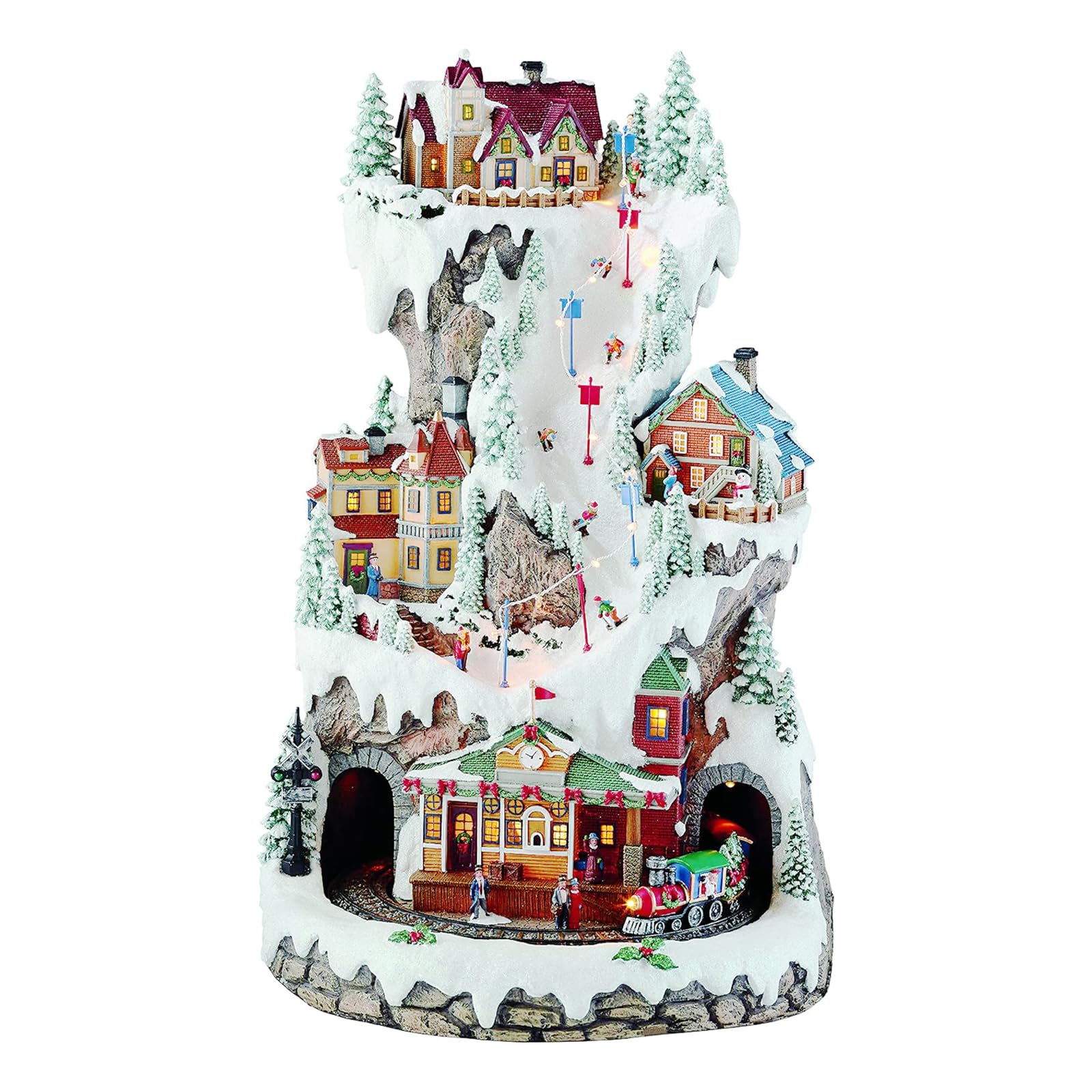 MOMENTS IN TIME Animated Ski Resort Mountain Christmas Village 20.5”H LED Lights, Music & Moving Train Hand-Painted Holiday Decoration with Power Adapter