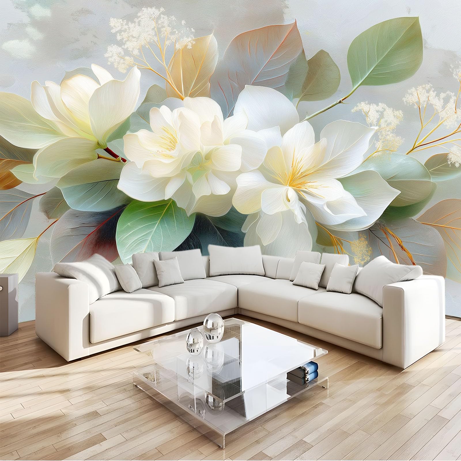 Mural ścienny, minimalistyczny, obraz olejny, płatki liści, botaniczny, 400 x 280 cm, tapeta z włókniny, dekoracja, grafitowo-szara, sztuka fotograficzna do sypialni, przedpokoju, salonu (nie