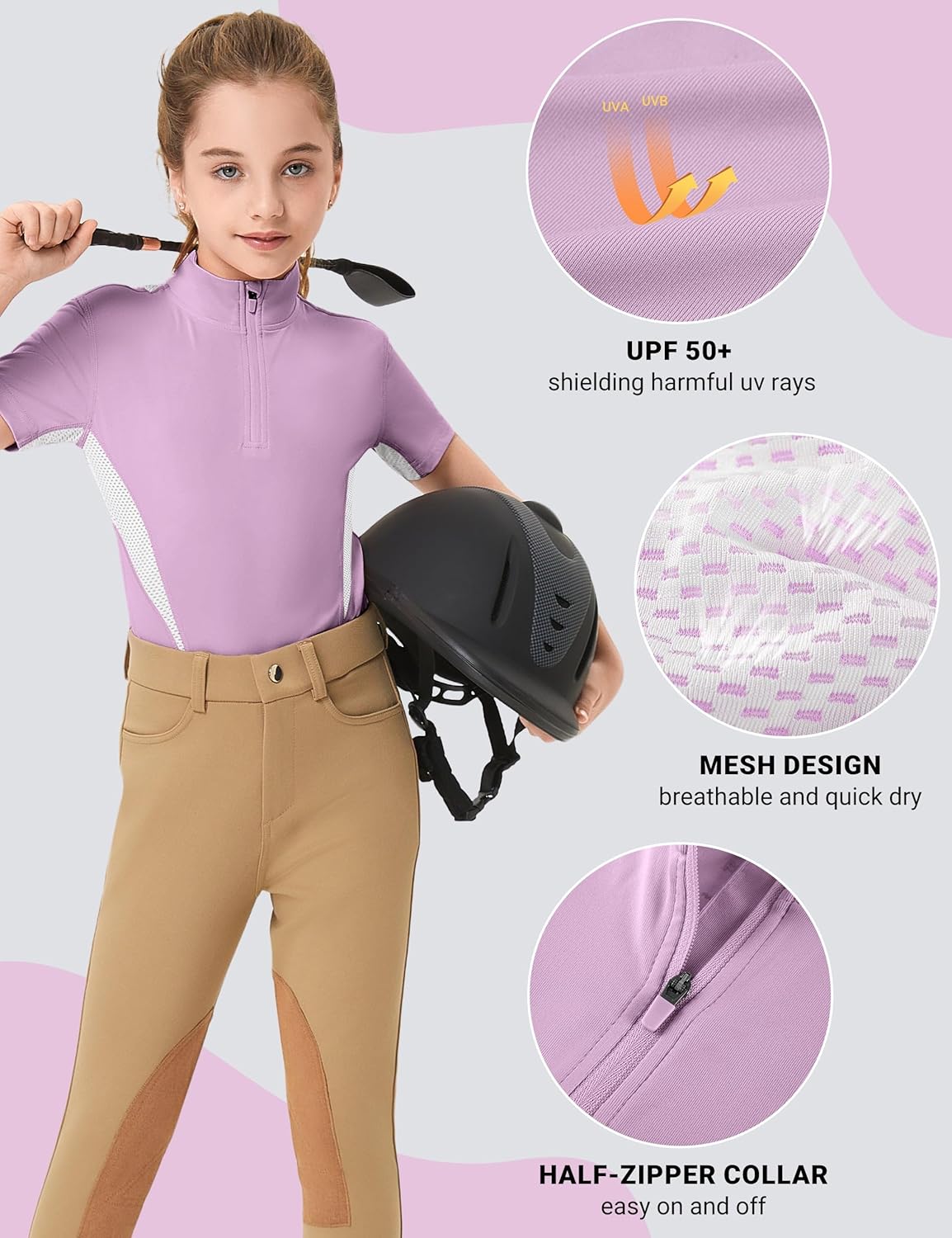 FitsT4 Sports Girls Short Sleeve Equestrian Shirt Quick Dry Horse Riding Shirts Half Zip Horseback Show Shirt - Image 3