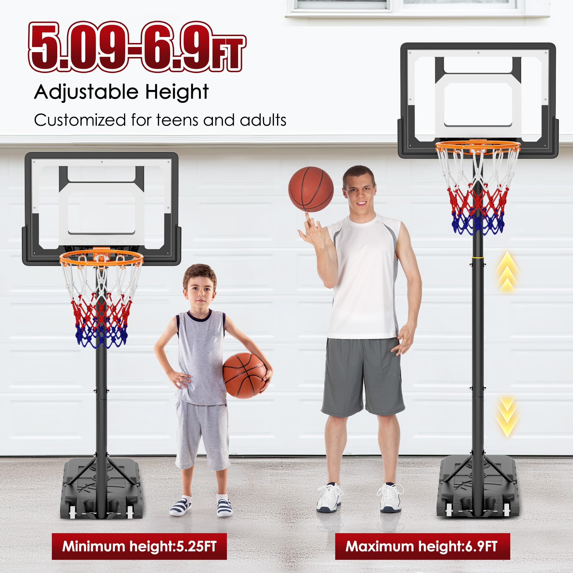 SogesPower - Cesta de baloncesto ajustable de 160 a 210 cm en pie, cesta de baloncesto al aire libre con ruedas, base pesada y panel a prueba de golpes para jardín