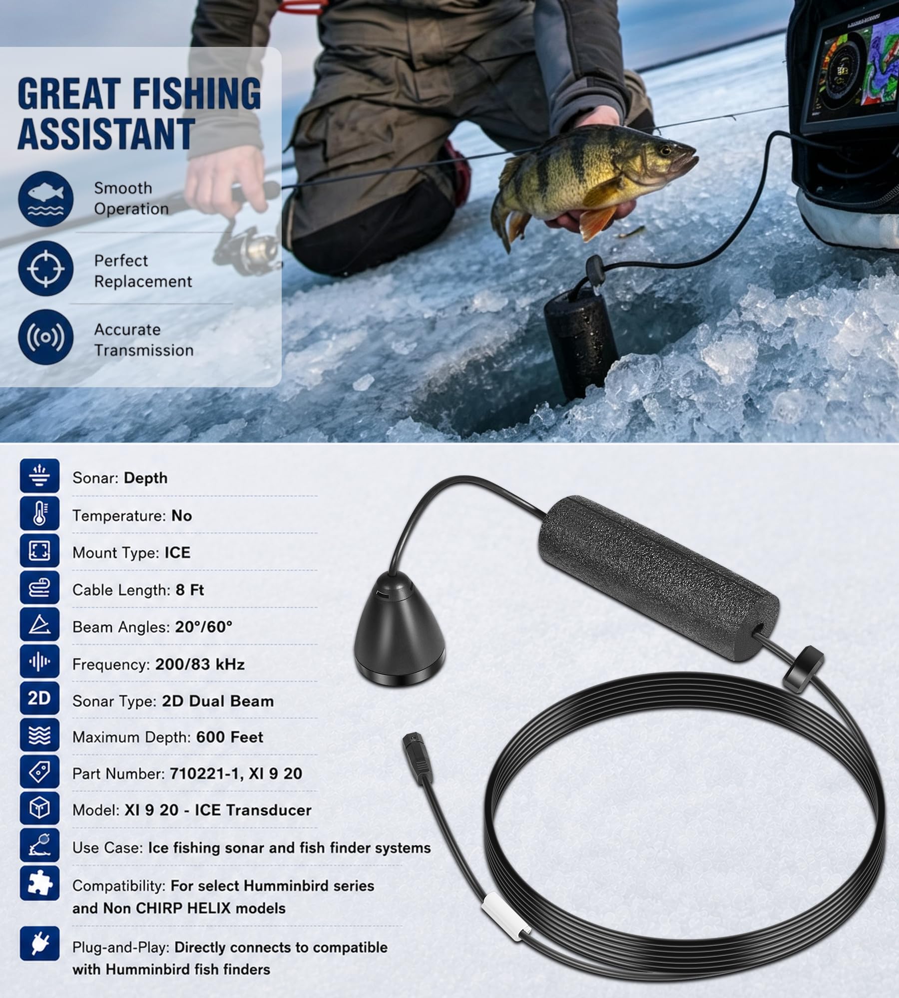 Trasduttore 710211-1 XI 9 20 ICE con sonar a doppio fascio adatto per modelli di lampeggiatore/sonar Humminbird con trasduttore sonar da pesca non Chirp, ICE - 20/60 gradi, 200/83 kHz, lunghezza cavo