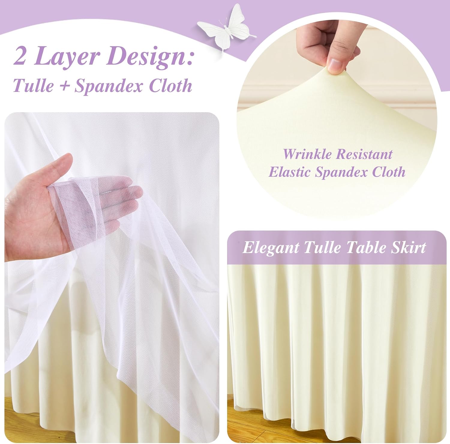 Wish Care Ivory Tulle Tablecloth 60 Inch Spandex Elastic Round Table Cloths Ruffle Tutu Skirt 5ft Wrinkle Free Stretch Fitted Round Table Cover for Bridal Shower Wedding Birthday Party Banquet Cake