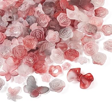 Assorted Frosted Acrylic Beads Flower Leaf Bow Butterfly Red Black Random Kandi Gradient Matte Aesthetic Beads for Girly Crafts DIY Friendship Bracelet Jewelry Making Supplies