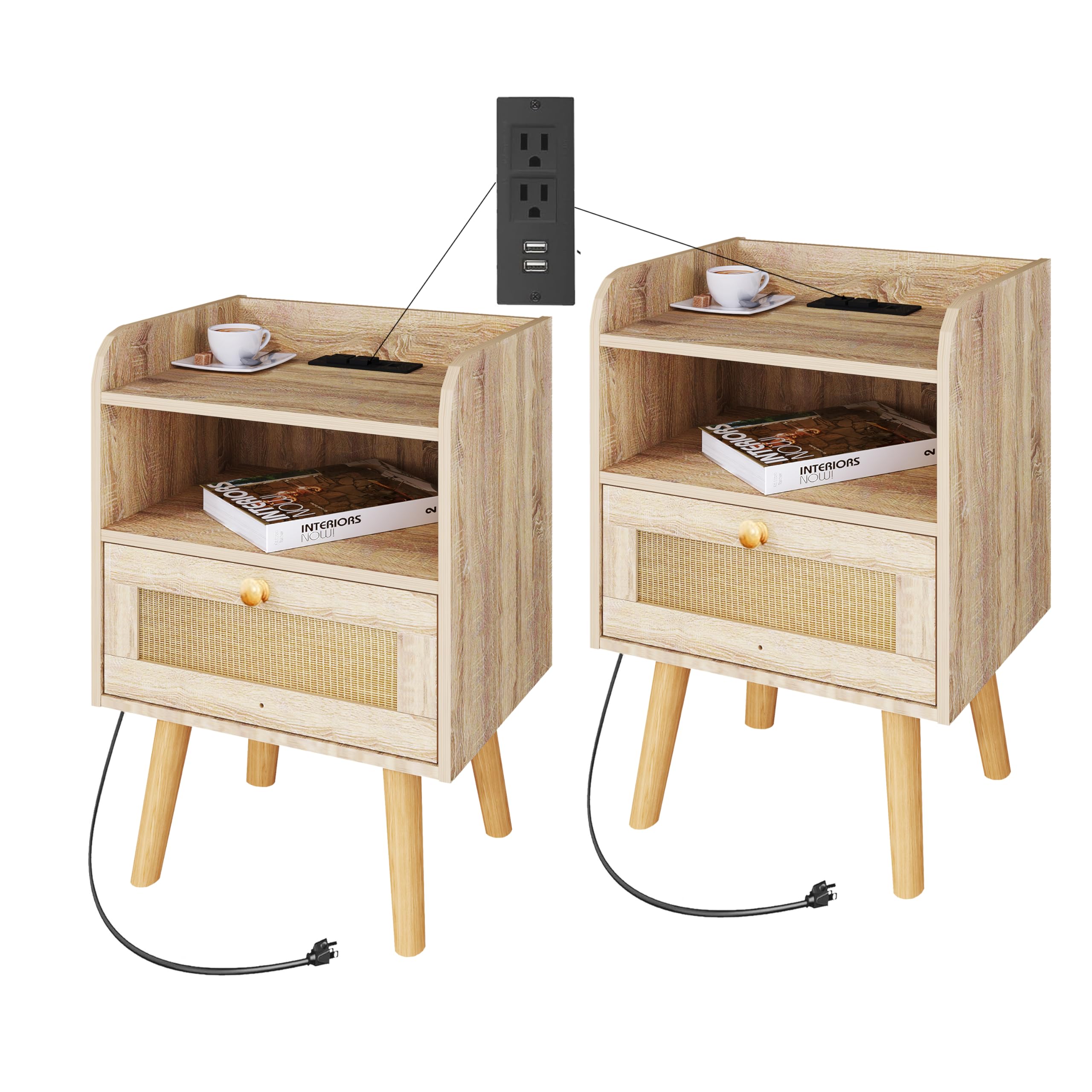 Nightstand Set of 2,Wood Nightstand with Charging Station,Bed Side Table with Rattan Decor Drawer,Small Night Table with Storage for Bedroom,Natural