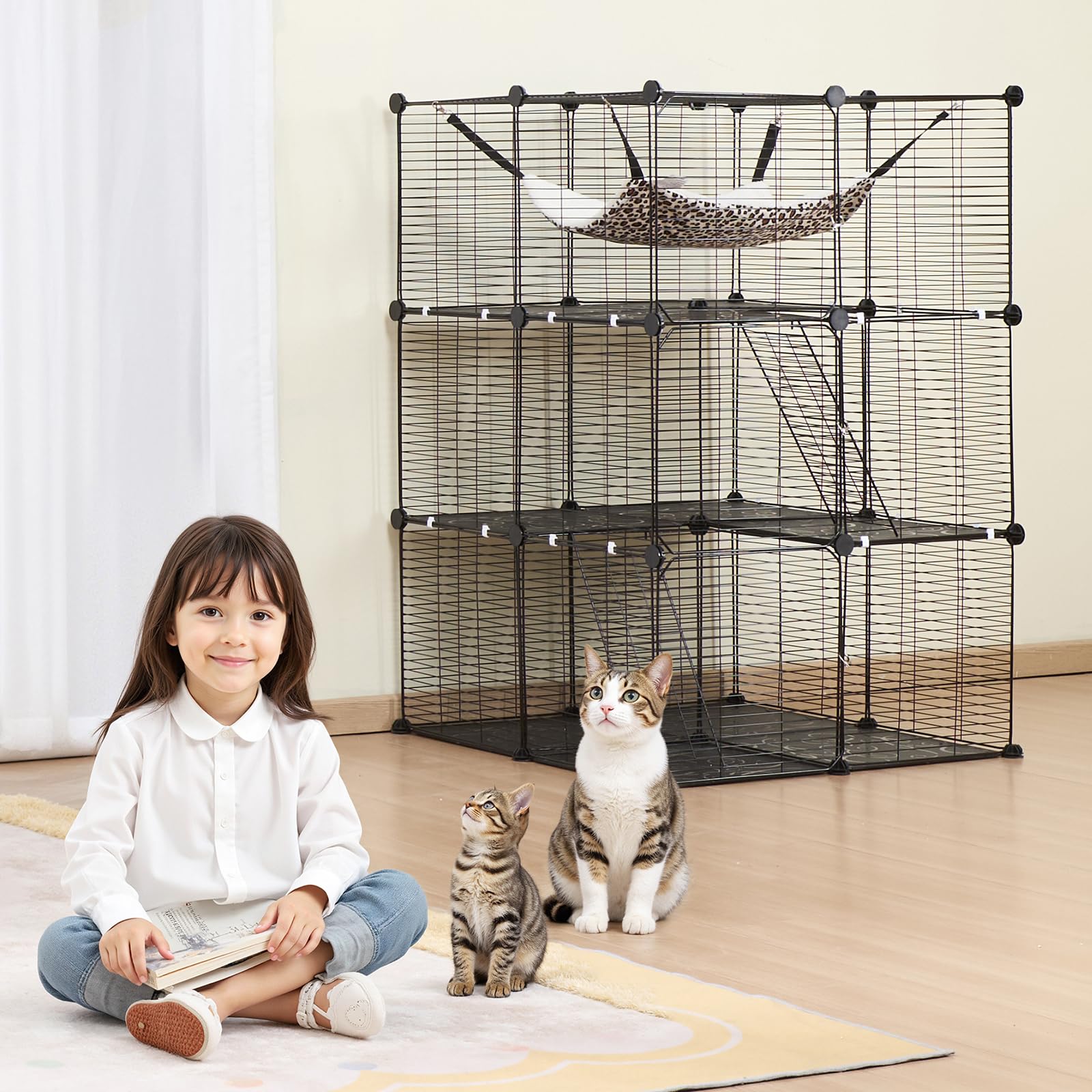 VEVOR Jaula Grande para Gatos de 3 Niveles 711 x 711 x 1041 mm, Recinto Duradero con Alambre de Metal Desmontable con Hamaca Grande y 2 Escaleras con Rampa para Gatos y Otros Animales Pequeños, Negro