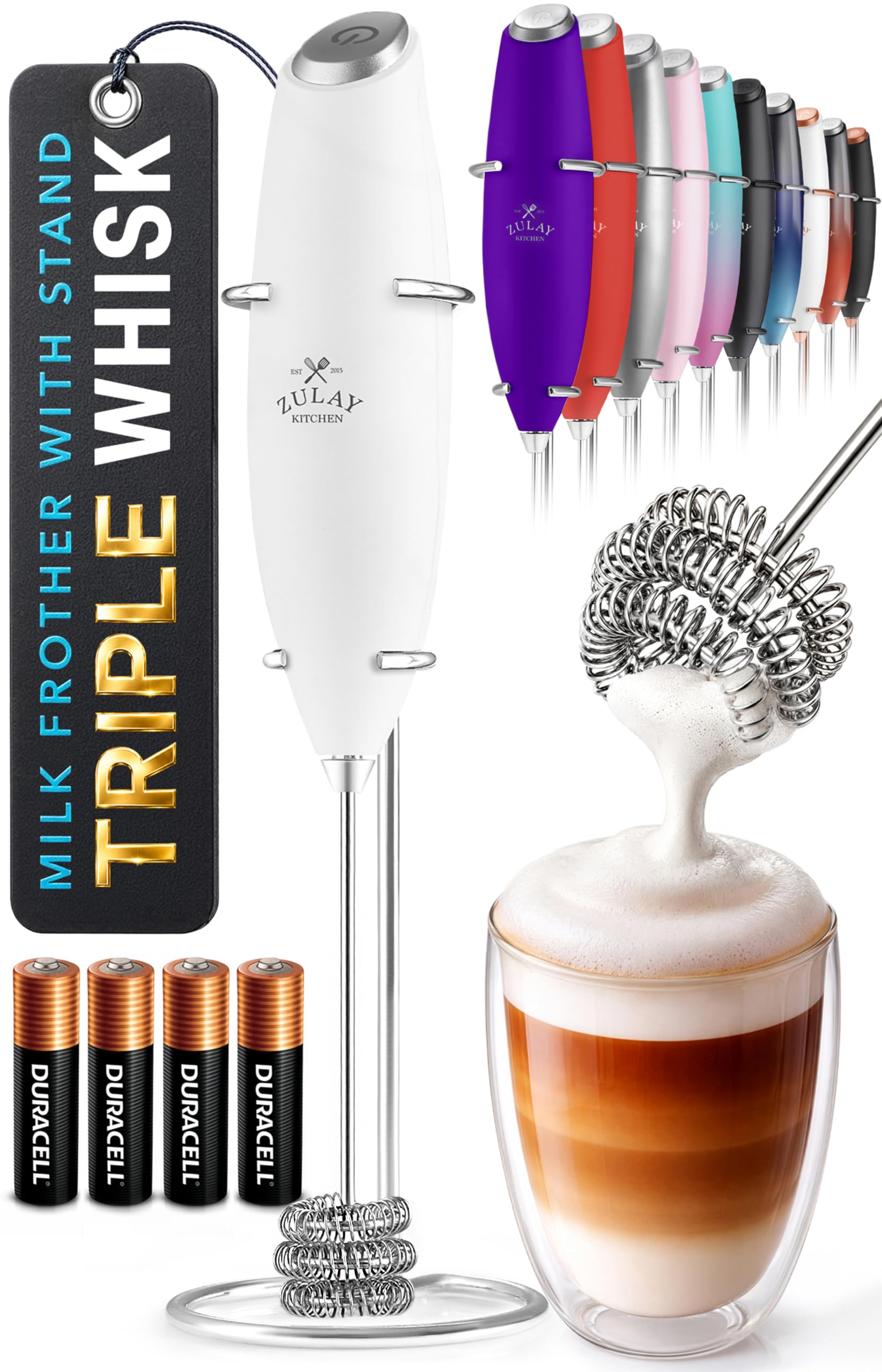 Zulay Kitchen Powerful Milk Frother Wand With Duracell Batteries - Ultra Fast Handheld Drink Mixer - Electric Whisk Foam Maker for Coffee, Lattes, Cappuccino &amp; Matcha - Triple Whisk - Luna White