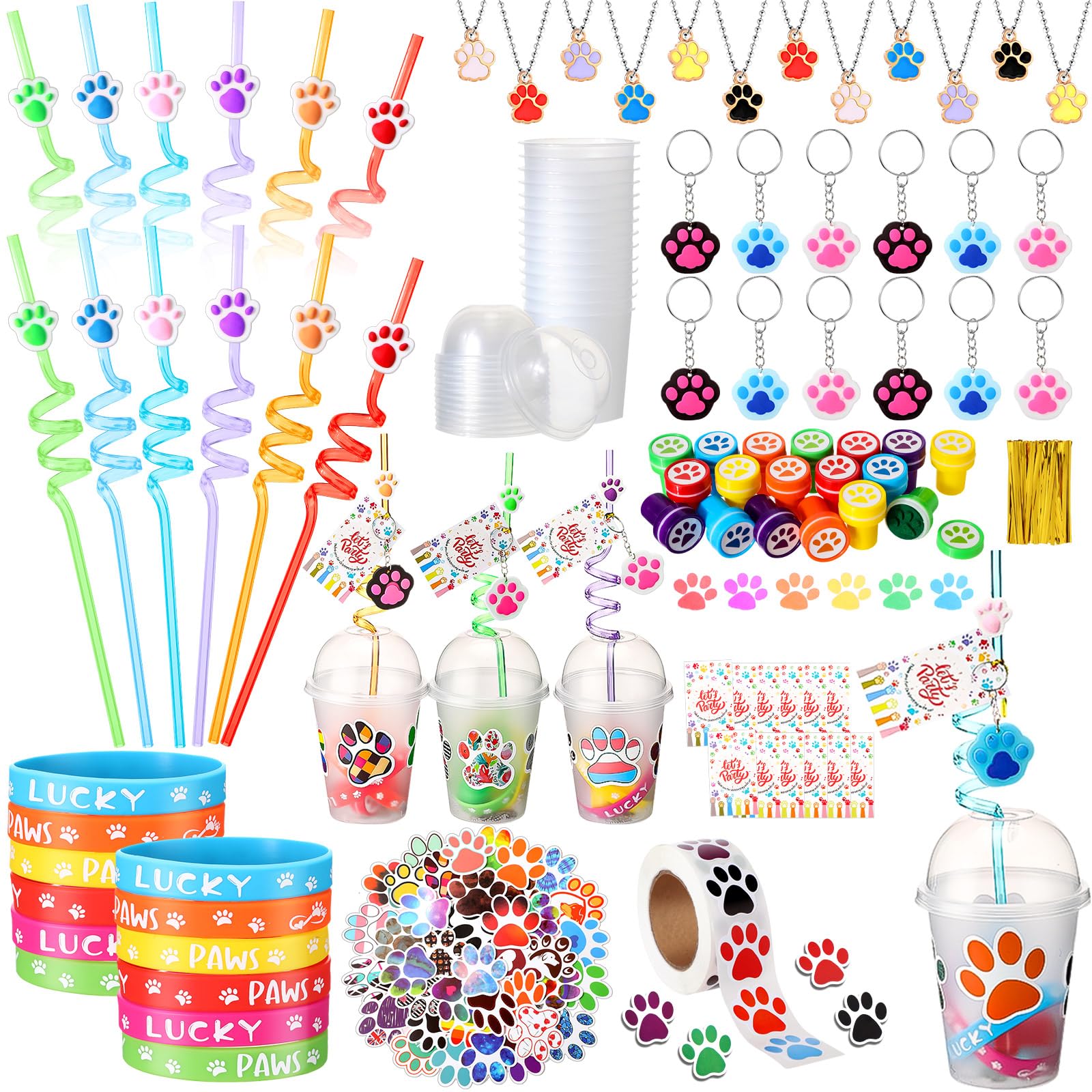 Gejoy 178 Pcs Dog Paw Party Favors Set for 18 Kids Dog Paw Print Party Supplies Reusable Drinking Straws Cups Silicone Bracelet Stamper Sticker
