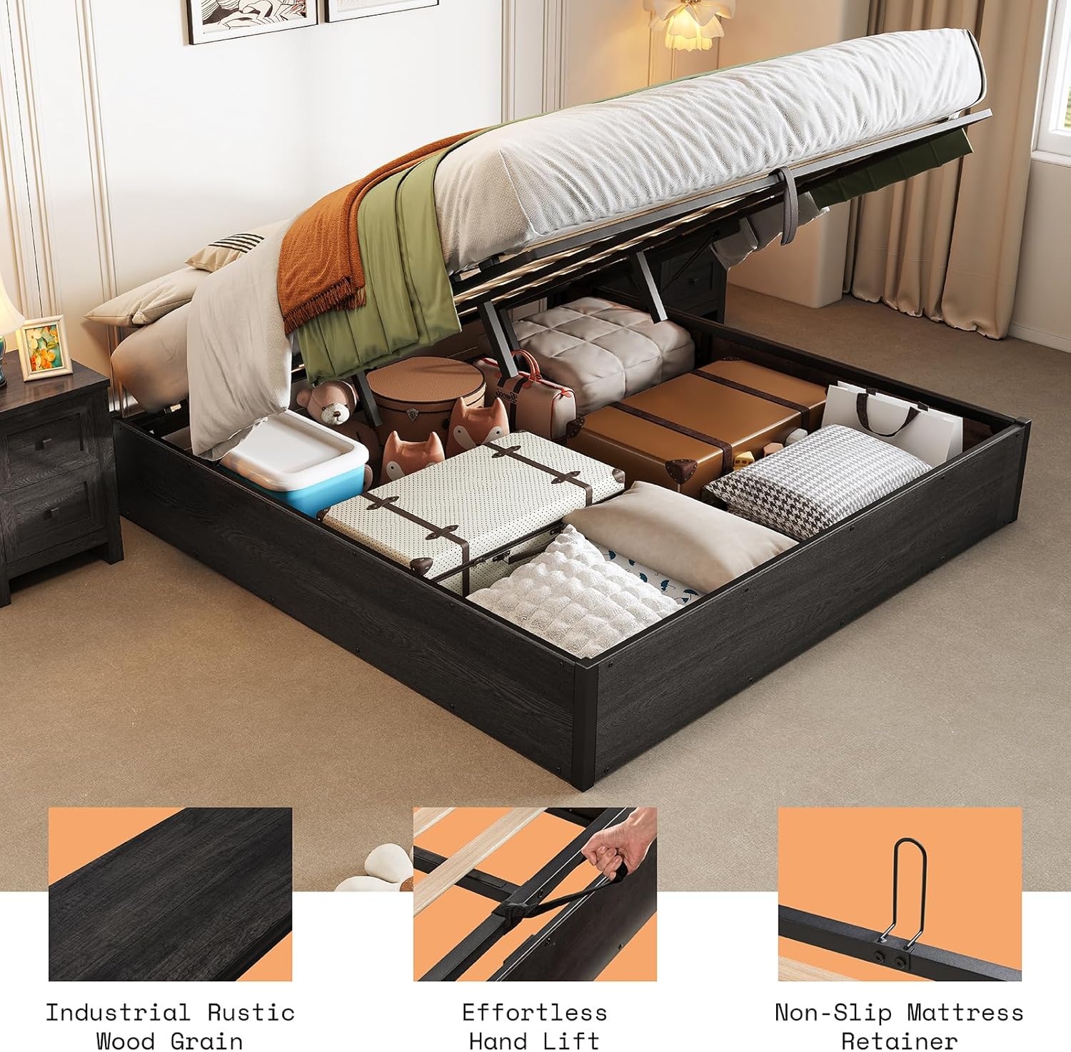 AMERLIFE Lift Up Storage Bed, King Bed Frame with Storage Underneath, Wooden Platform Bed Frame, Solid Wood Slats Support, No Fixed Headboard, No Box Spring Needed, Dark Oak