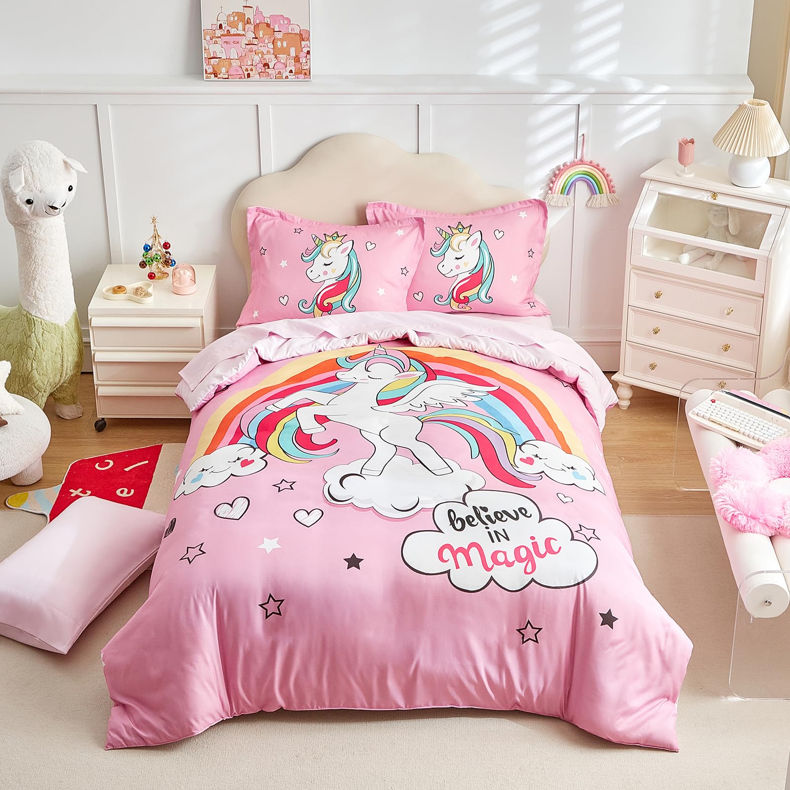 Unicorn Duvet Cover Set Queen 3 Piece (1 Pink Girls Duvet Cover + 2 Pillow Shams) with Cute Magical Unicorns Rainbow - 800 TC Comforter Cover with Zipper Closure, 4 Corner Ties for Little Princess