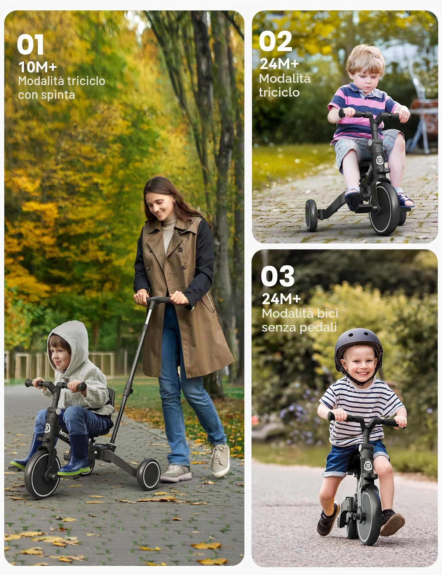 besrey Triciclo per Bambini 4 in 1, Bici Senza Pedali da 1 a 3 Anni, Nero