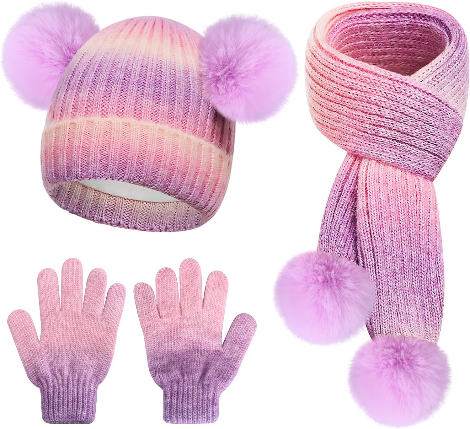 Kids Winter Hat Scarf Gloves Set, Girls Toddler Fleece Lined Pom Beanie, Neck Warmer, Gloves, Christmas Gift for 3-10 Years