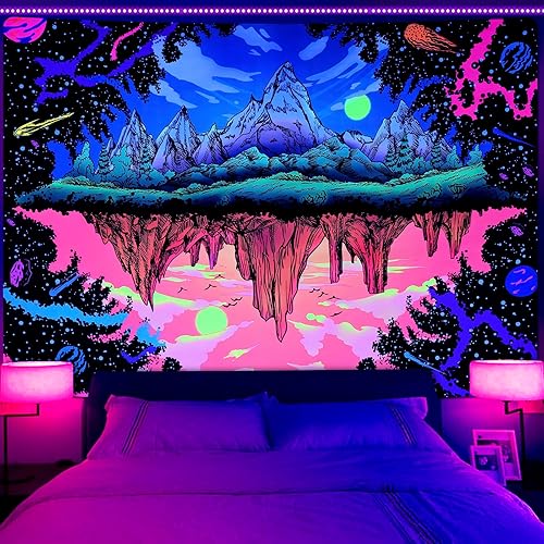 Invoibler Tapiz de montaña con luz negra, tapiz de estrellas, planeta espacial, sol, atardecer, bosque, árbol, paisaje, naturaleza, tapiz para