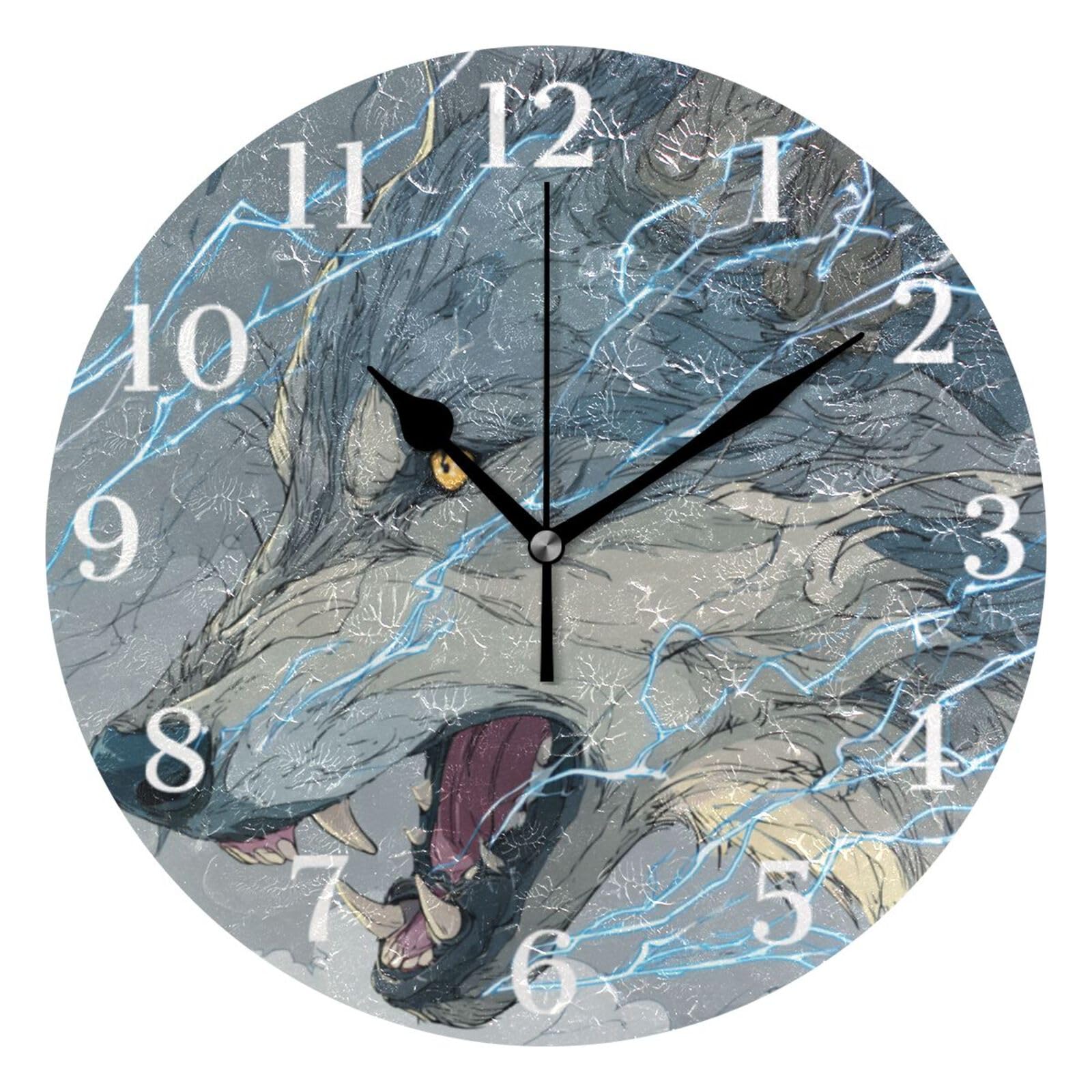 Ensound Blue Wolf Lightning Wall Clock Silent Non-Ticking Battery Operated Clocks 12 Inch for Kitchen Home Living Room