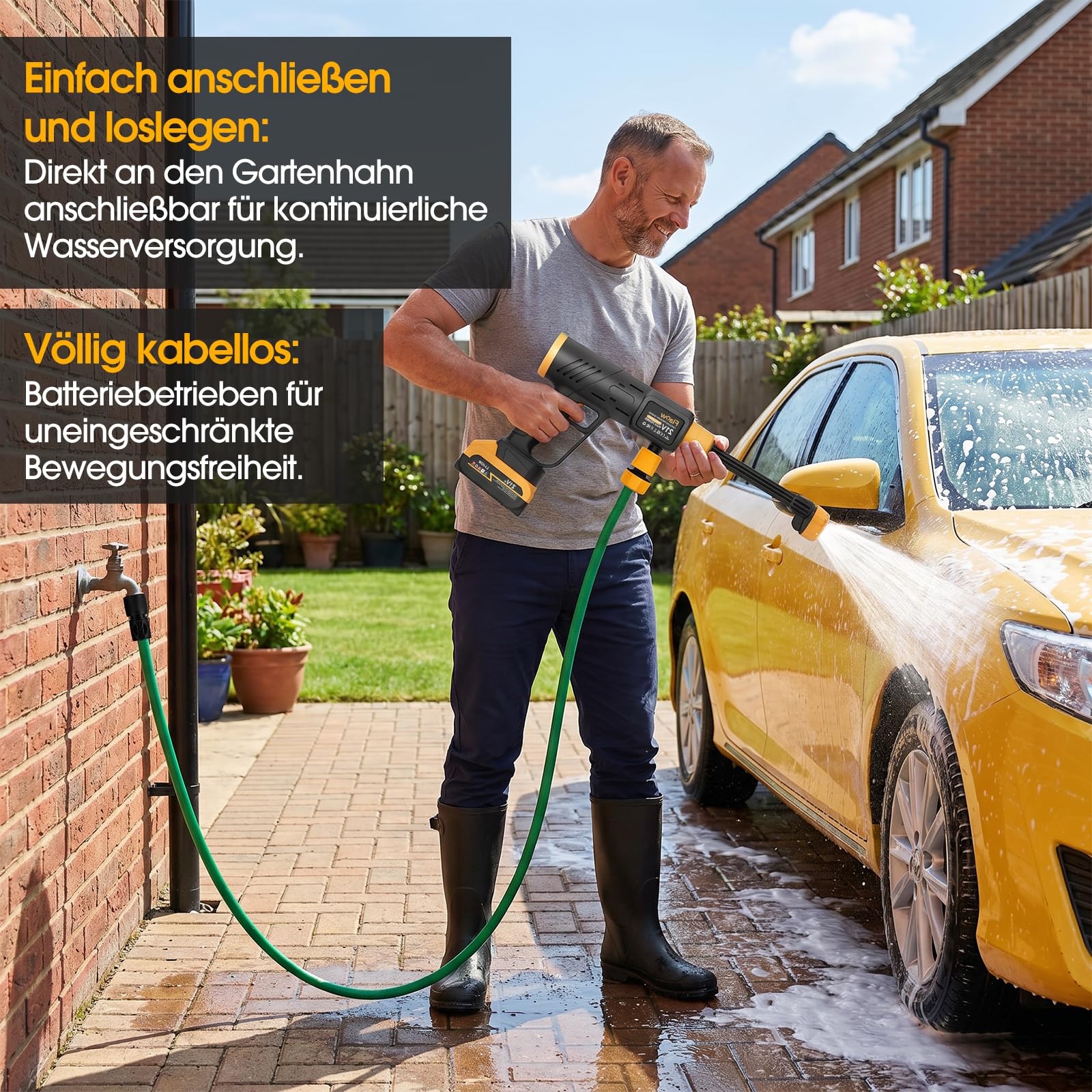 80Bar Idropulitrice a Batteria Collegamento a Rubinetto Diretto, Idropulitrice Portatile Ugello 6 in 1 e Controllo Pressione Regolabile per Giardino, Auto e Pulizie Esterne