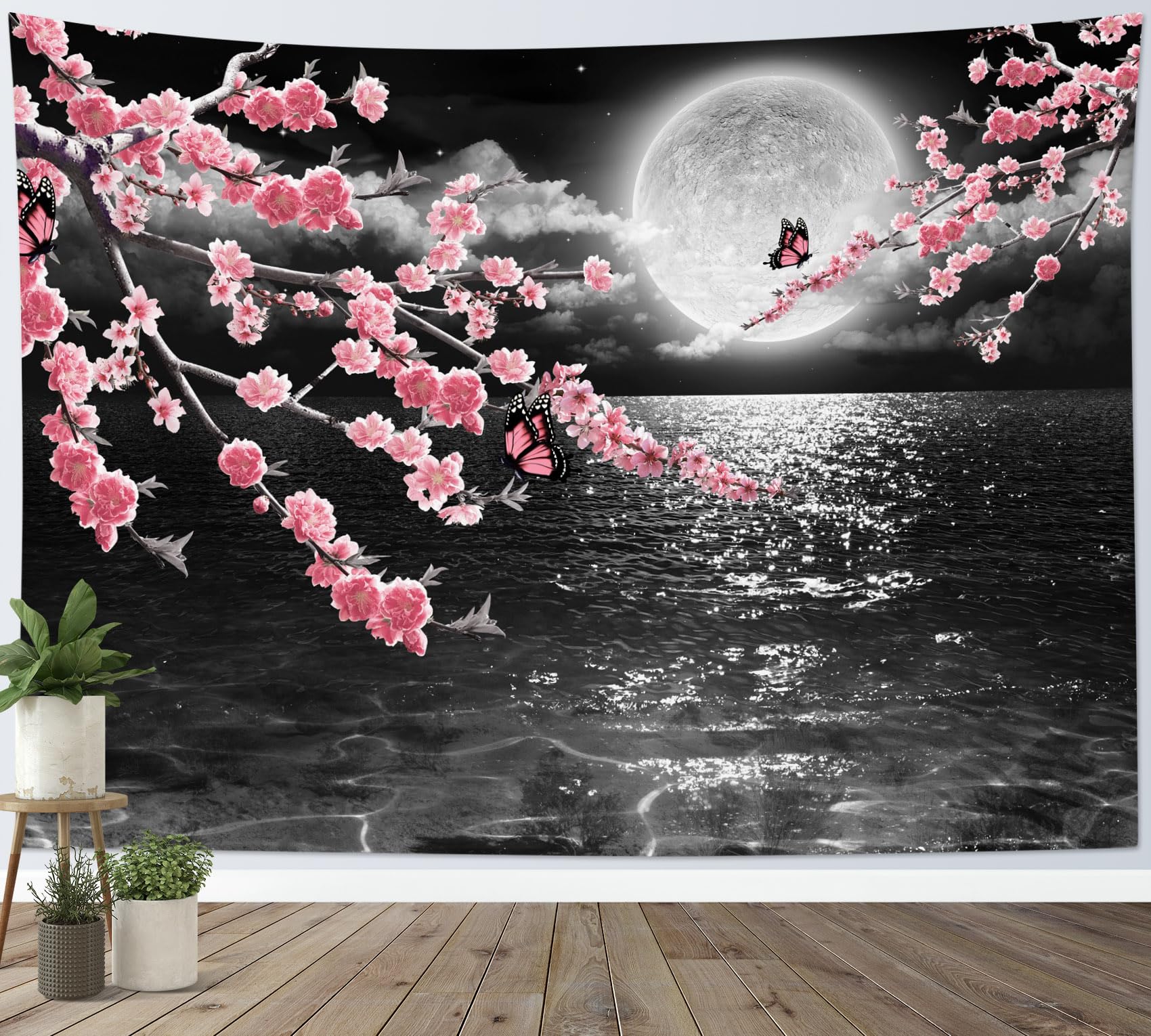 LB Black Sea Tapestry Butterfly on Pink Flower Tree Tapestry Wall Hanging Full Moon Night Scenery Tapestries for Living Room Bedroom Dorm Wall Decor,59x39 inch