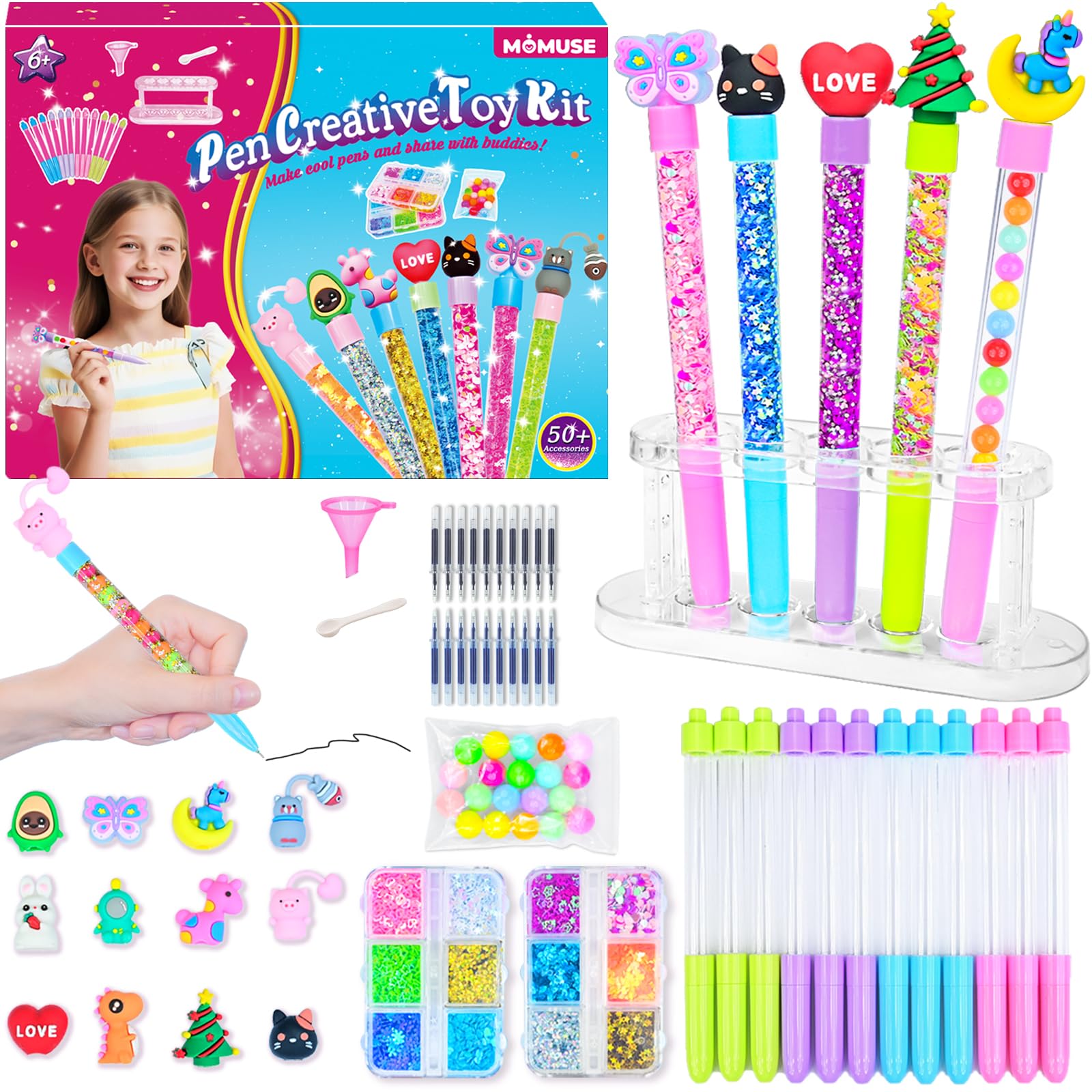 MOMUSE 50 Accessories DIY Pen Making Kit, Fun Pen Creator Studio – Making 12 Sparkly Pens with Sequins Beads, Creative Art Craft Kits Birthday Back