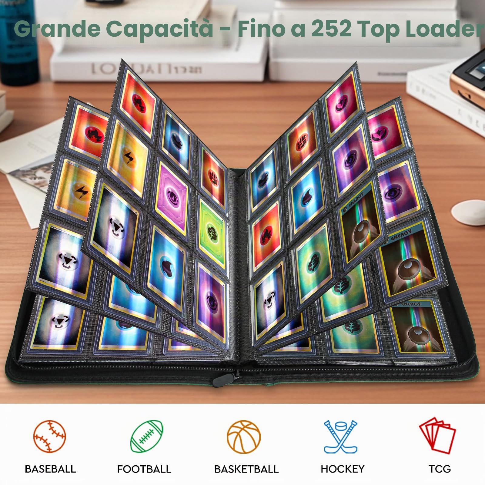 Raccoglitore Carte, Album Top Loader Card Binder Contiene 252 Top Loaders, 9 Tasche, Raccoglitori Carte Collezionabili per Carta YGO/MTG/TCG, Verde Scuro (Non per carte SENZA un Top Loader)